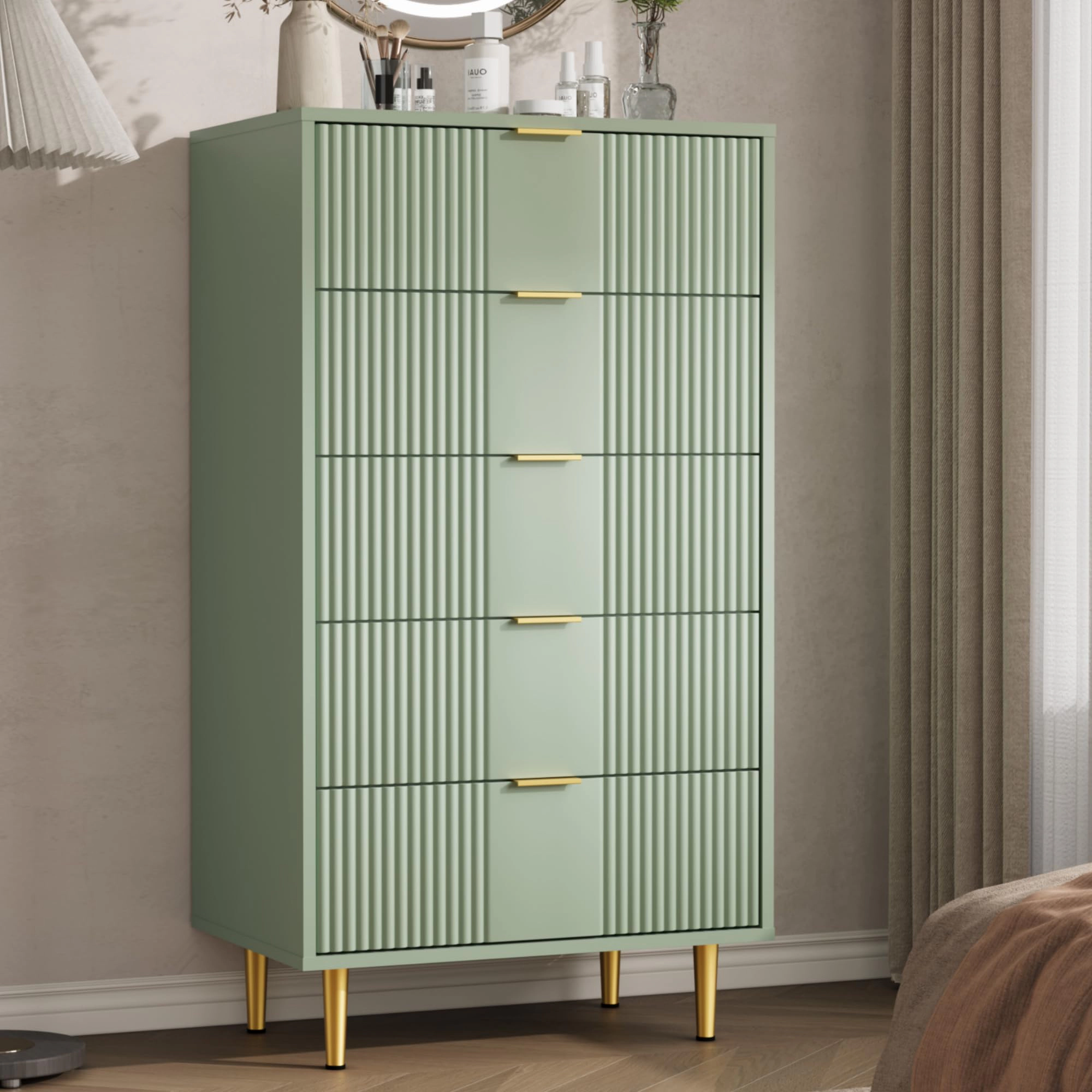 44.3" Tall Fluted 5 Drawer Dresser with Metal Handles, Modern Wood Storage Chest