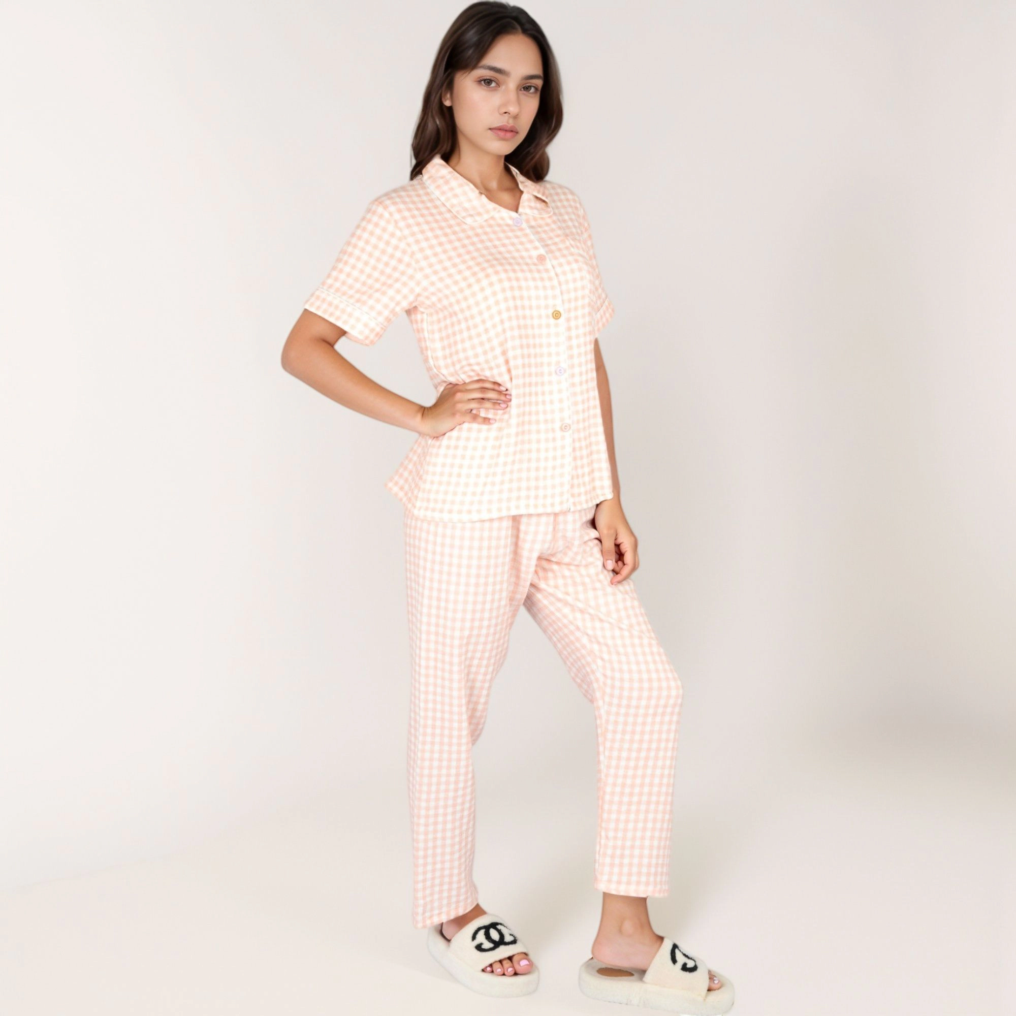 Anna-Kaci Women's Gingham Print Two-Piece Pajama Set with Short Sleeve Button Top and Relaxed Fit Pants