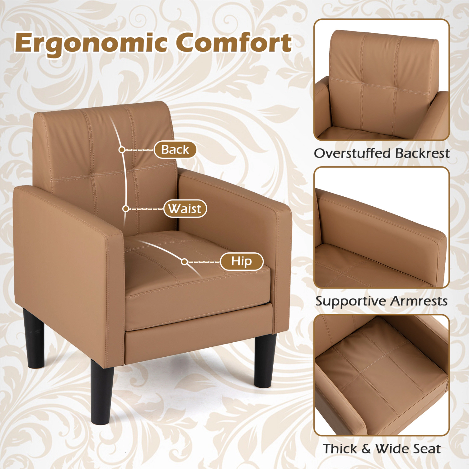LJG PU Leather Modern Accent Chair with Removable Seat Cushion
