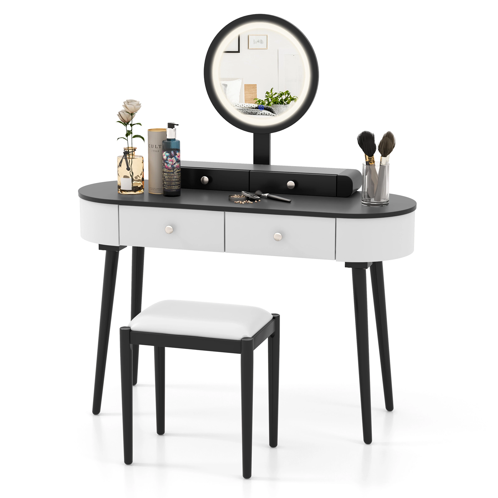 SUGIFT Vanity Table and Stool Set with Lighted Mirror and 3 Drawers in White