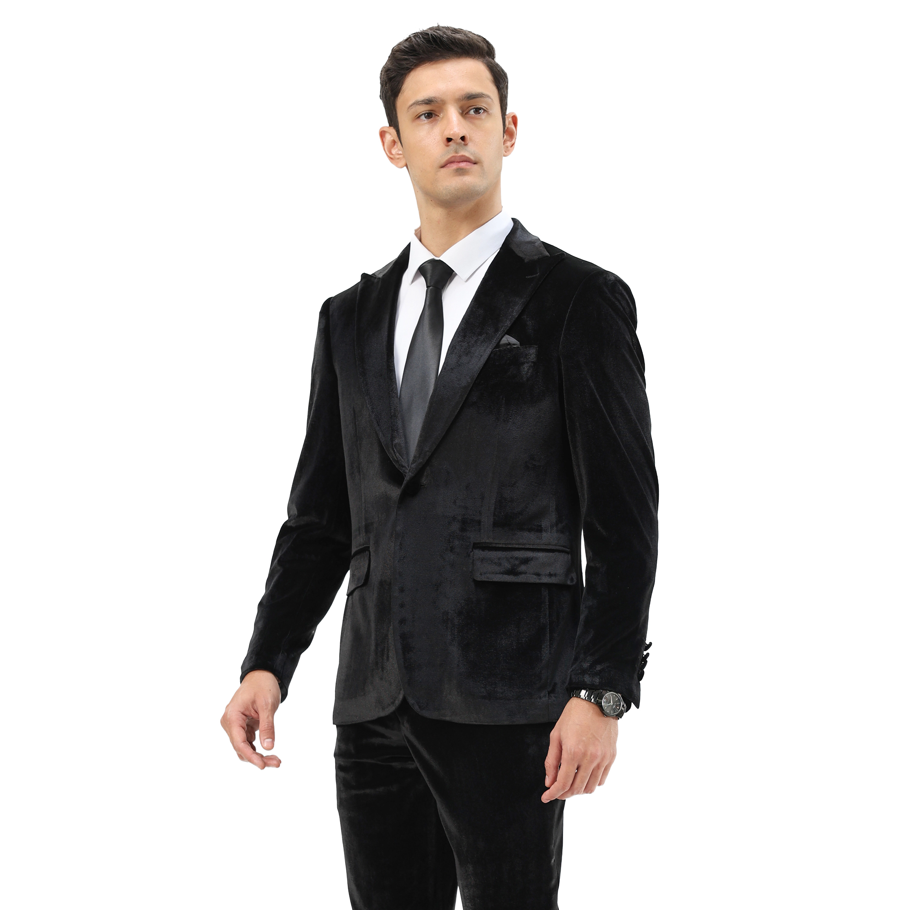 Tazzio Mens Skinny Fit Double Breasted 2 Piece Tuxedo Set with Velvet Black Peak Lapel