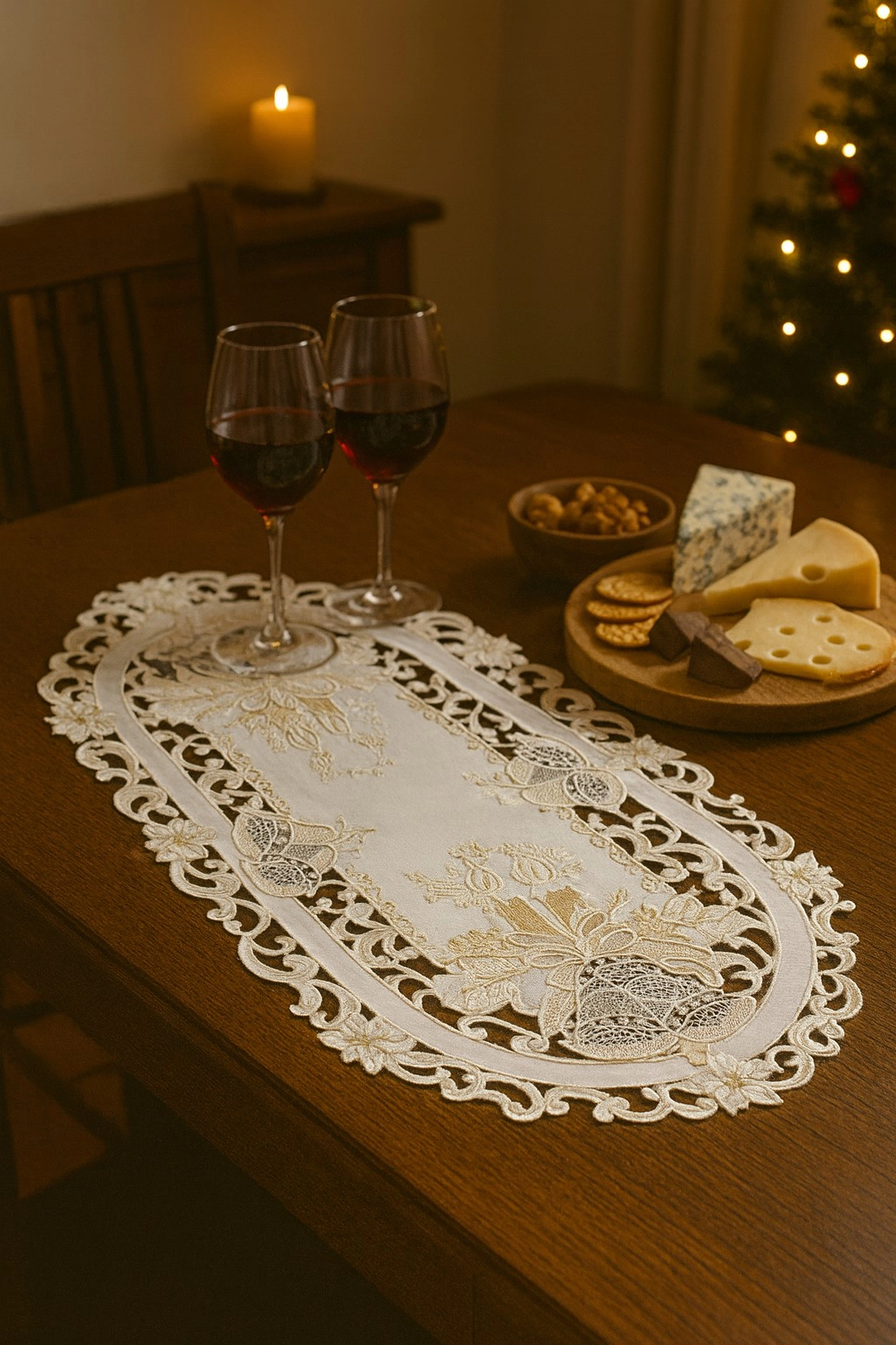 Jiallo Christmas Candle Beige Lace Embroidered Cutwork Rect Table Runner, 13 by 27 inch