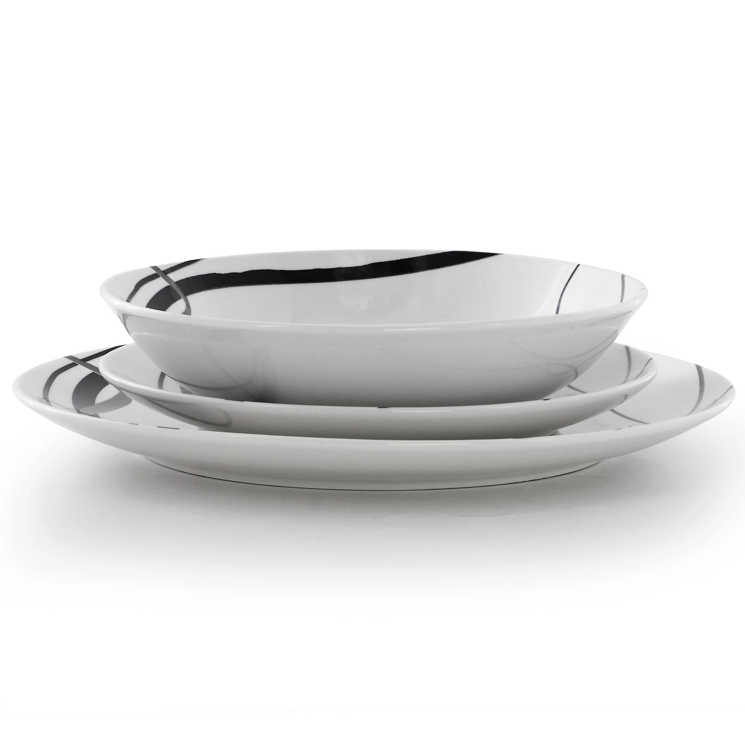Elama Sarah 24 Piece Porcelain Black Ribbon Double Bowl Dinnerware Set, Service for 6 in White and Black