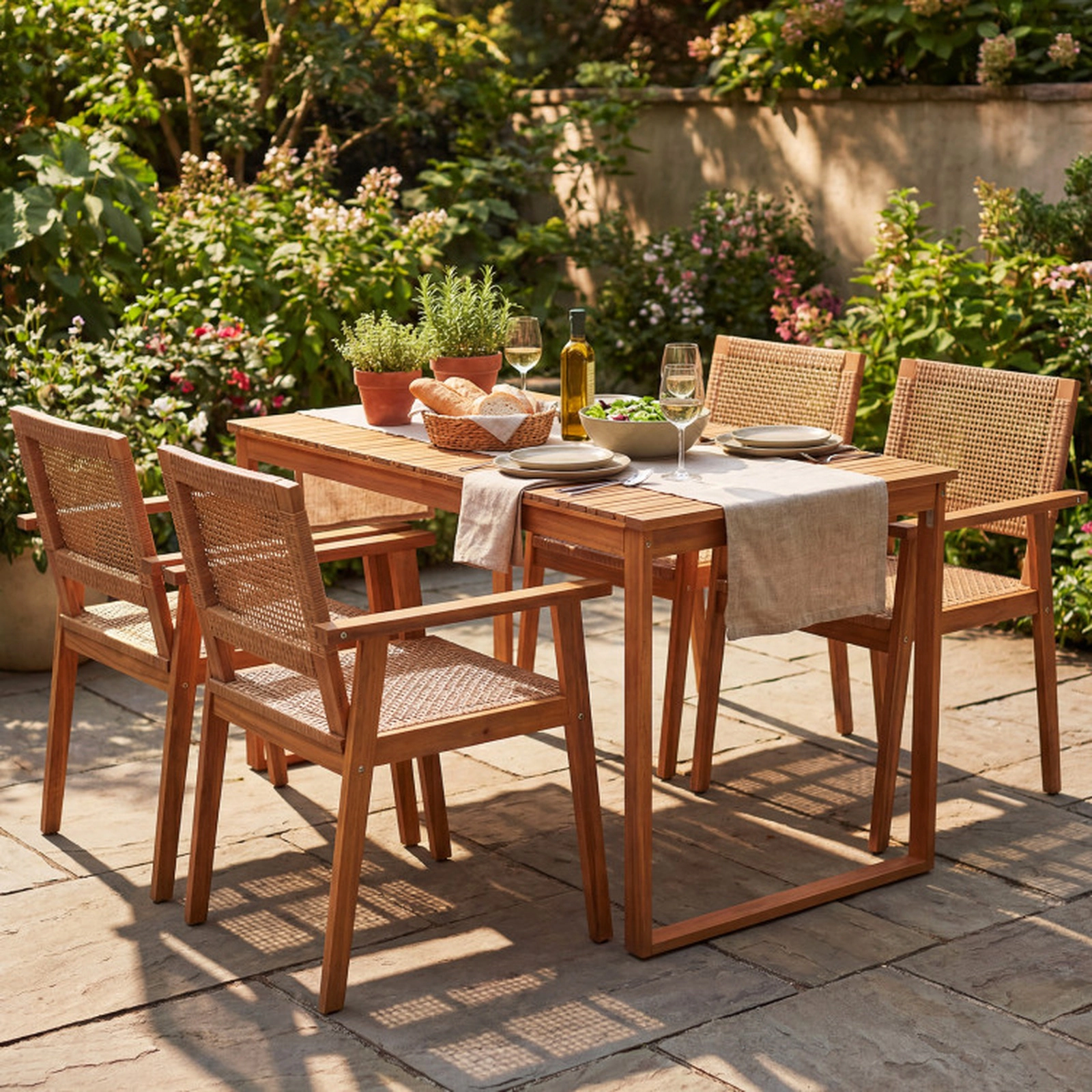 SUGIFT 5-Piece Natural Acacia Wood and PE Rattan Outdoor Dining Set with 49-Inch Table