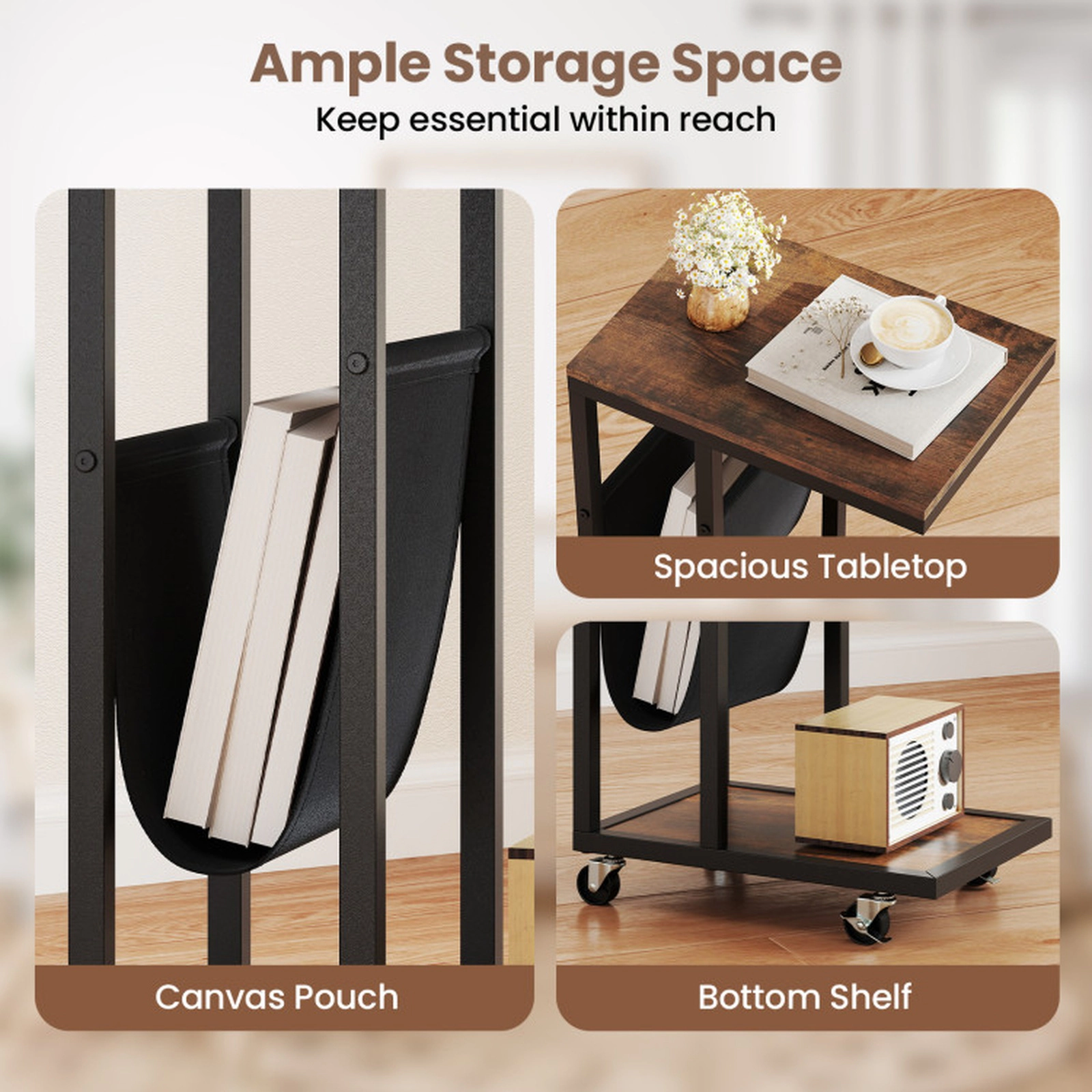 SUGIFT Rolling C-Shaped Side Table with Canvas Pouch, Metal Frame and 4 Casters