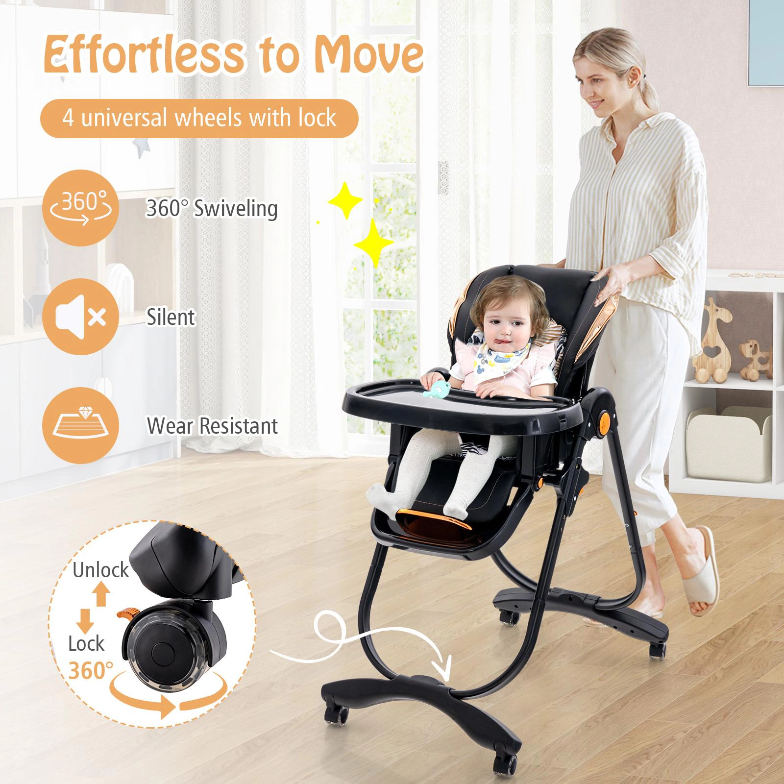 SUGIFT Folding Baby Dining High Chair with Adjustable Height and Recline 50-lb Capacity Ages 6-36 Months Gray/Black