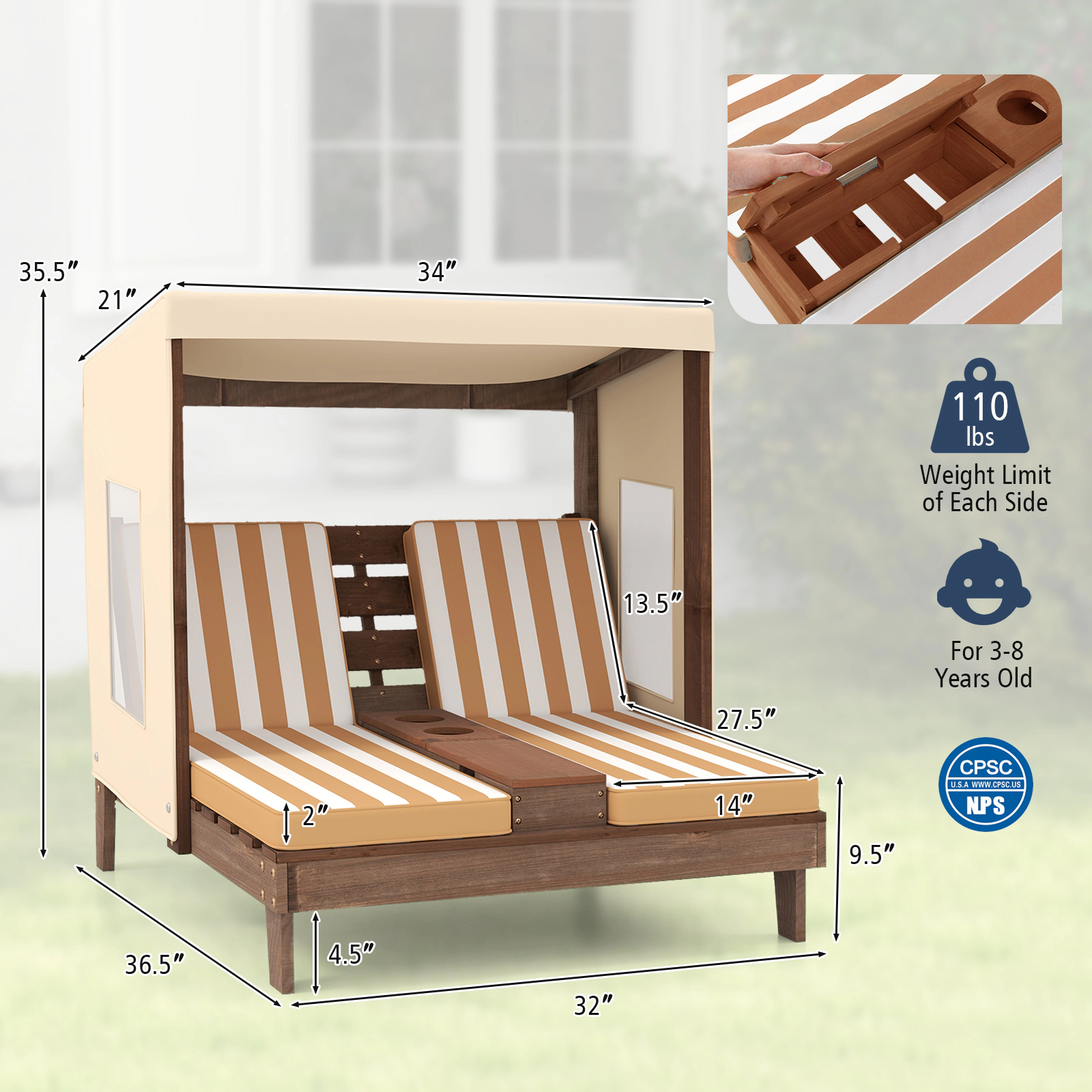 SUGIFT Kids Double Chaise Lounger with Canopy, Cushion, Cup Holders and Storage, Brown