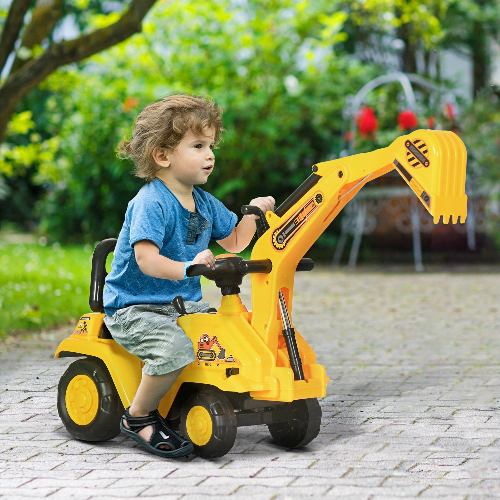HONGGE 2-in-1 Ride-On Digger Toy with Pull Cart, Front Loader Bucket & Under-Seat Storage, Ages 18-48 Months