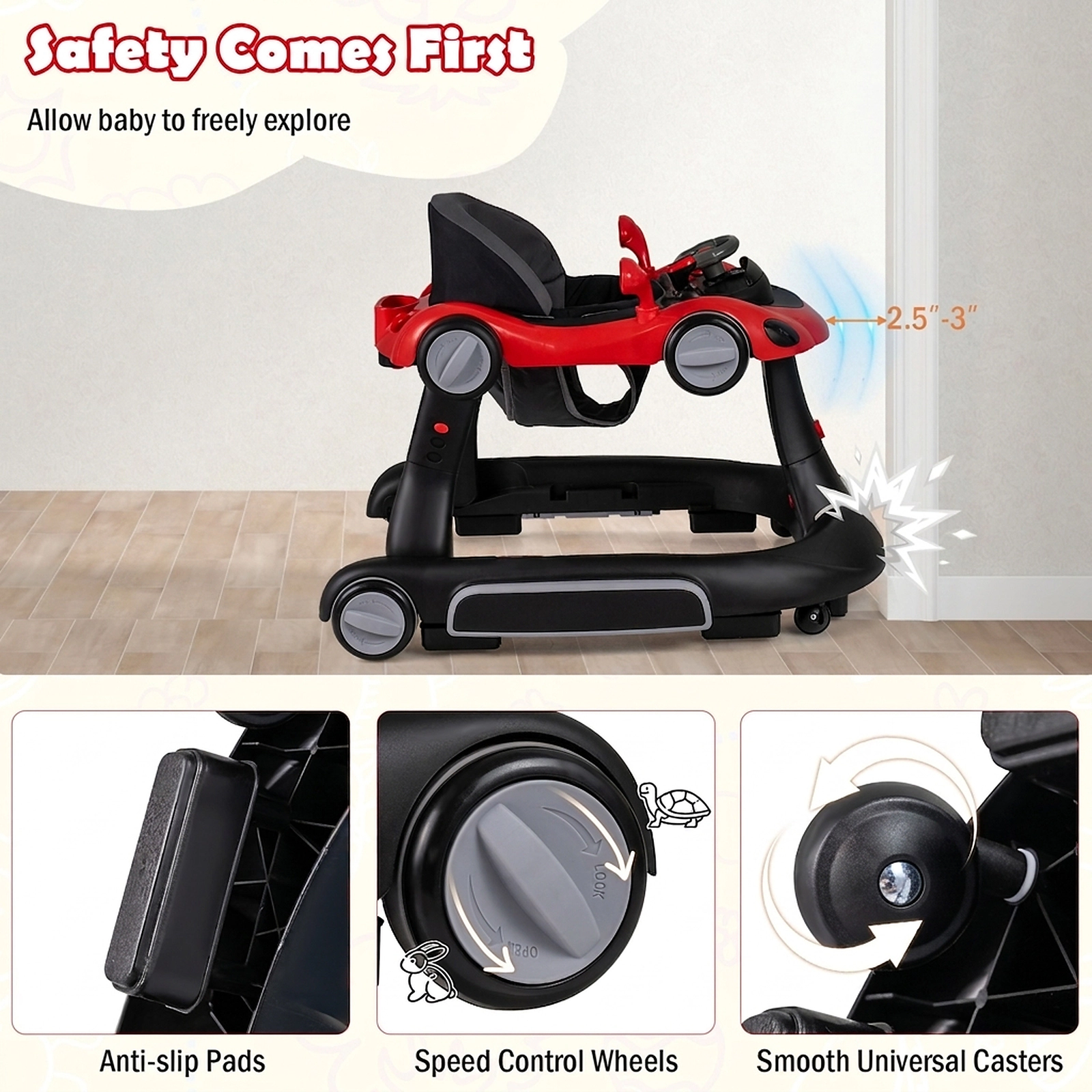 SUGIFT 6-in-1 Baby Walker Activity Center Bouncer Rocker Combo 27-lb Capacity Ages 7-18 Months Red