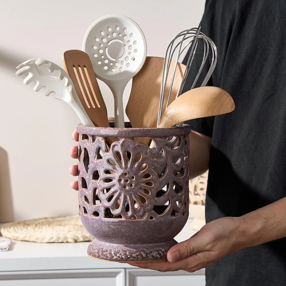 WZK Farmhouse Ceramic With Cork Mat Kitchen Utensil Holder