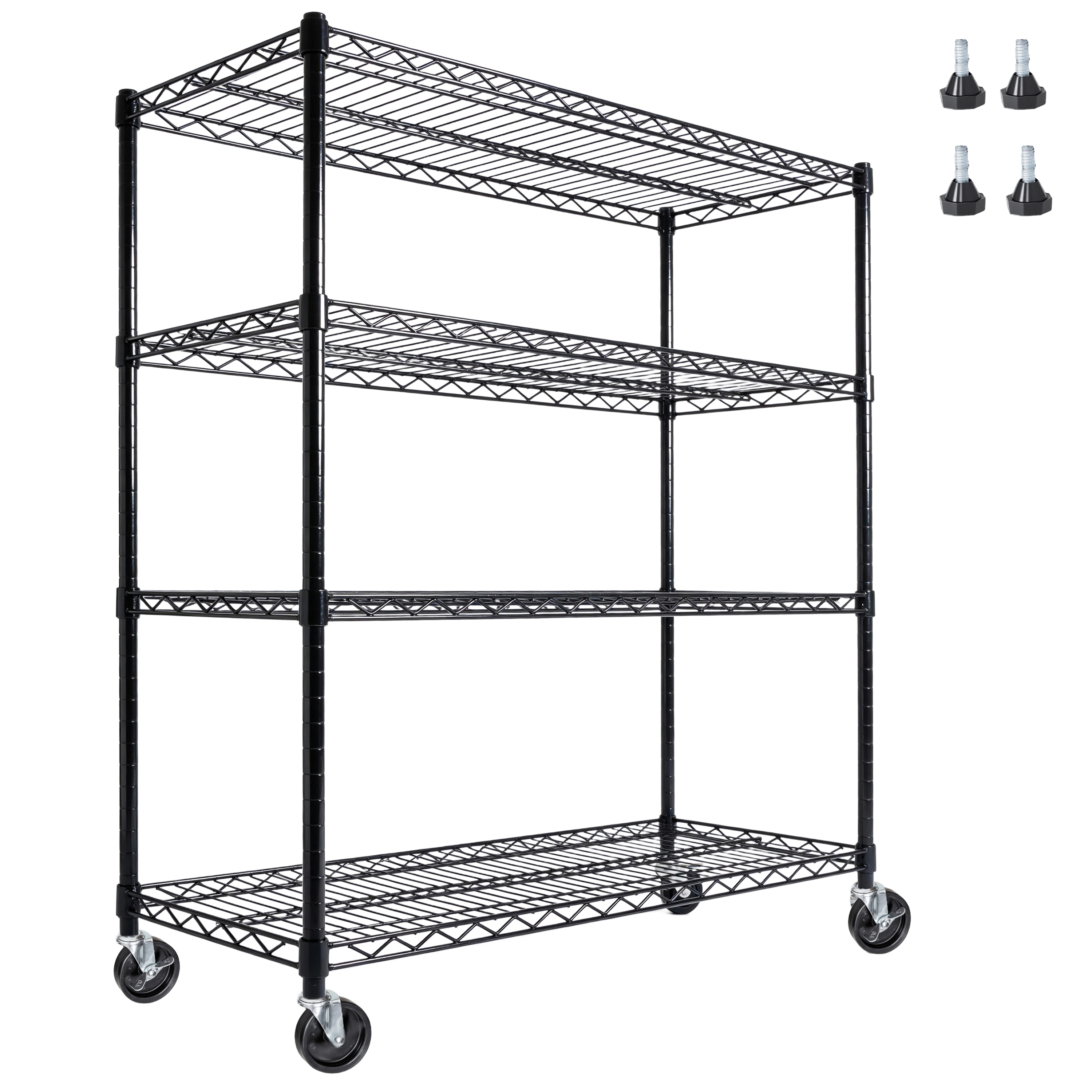 Flynama 4 Tier Wire Shelving 2400 lbs with Wheels Adjustable Rolling Heavy Duty Garage Storage Rack in Black