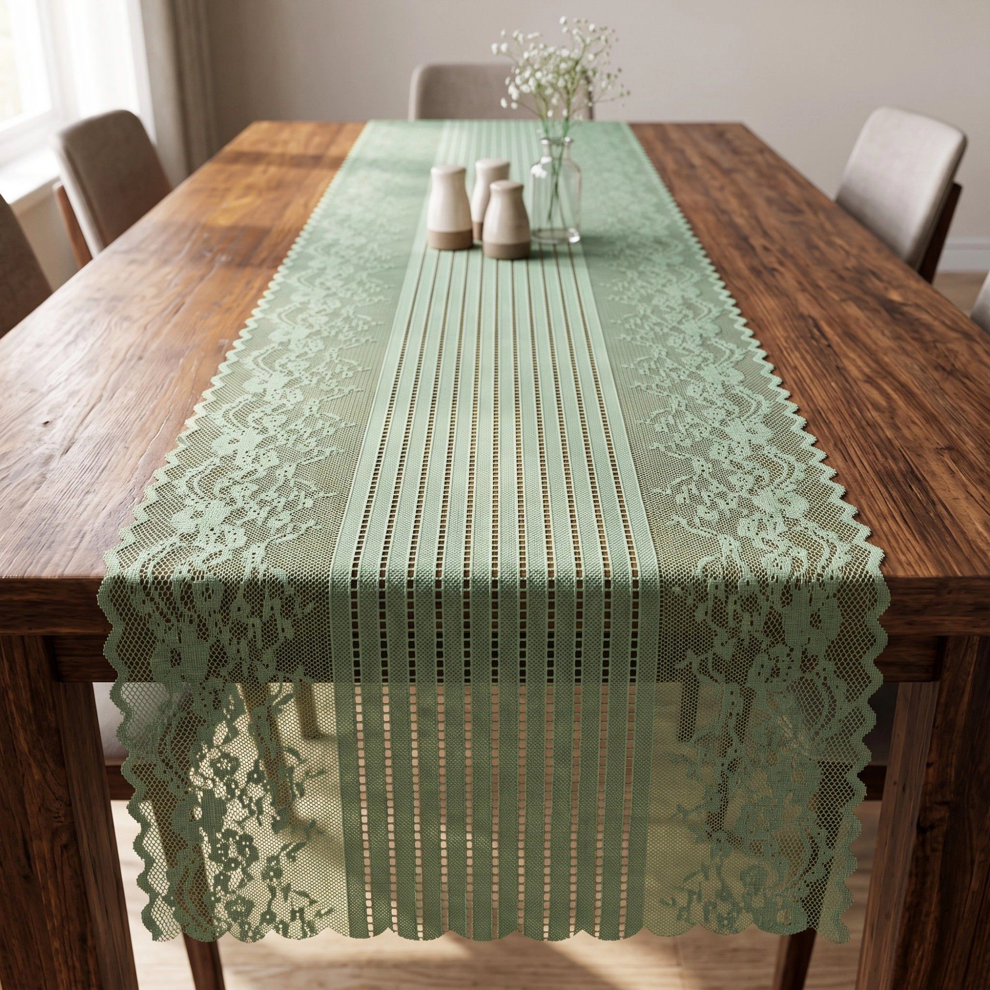 Alilang Women Floral Lace Table Runner with Scalloped Edges and Pom Trim 17.7x47in