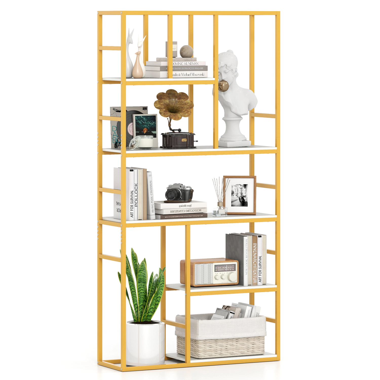 LJG 71 Inch Tall Bookshelf Metal Frame 5-Tier Geometric Bookcase