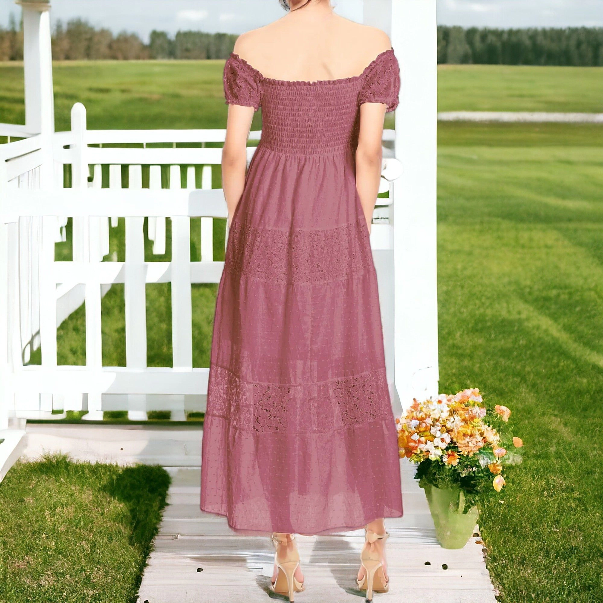 Anna-Kaci Women's Boho Convertible Cap Sleeve Off-Shoulder Smocked Maxi Dress for Everyday Look