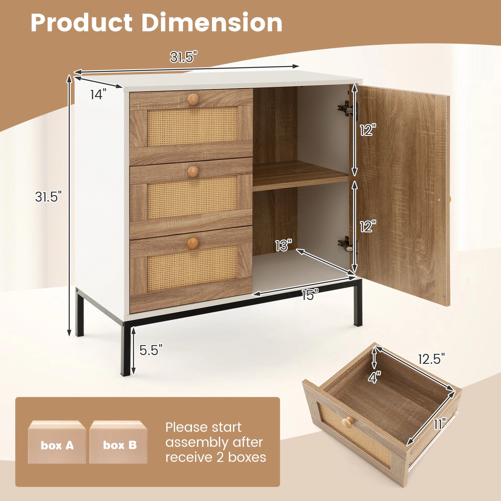 SUGIFT 3-Drawer 1 Door Rattan Front Soft Close Sideboard Cabinet 31.5-in x 14-in x 31.5-in 110-lb Capacity White