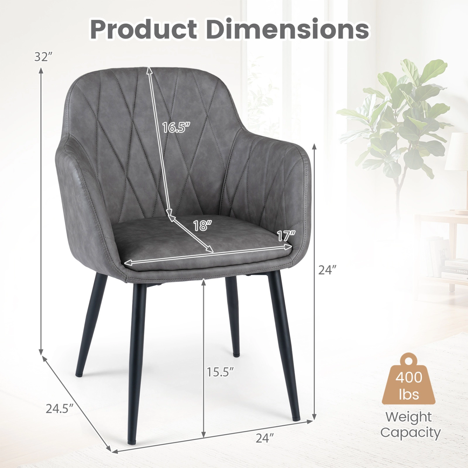 SUGIFT Set of 2 Gray PU Leather Dining Armchairs with Curved Back and Metal Legs
