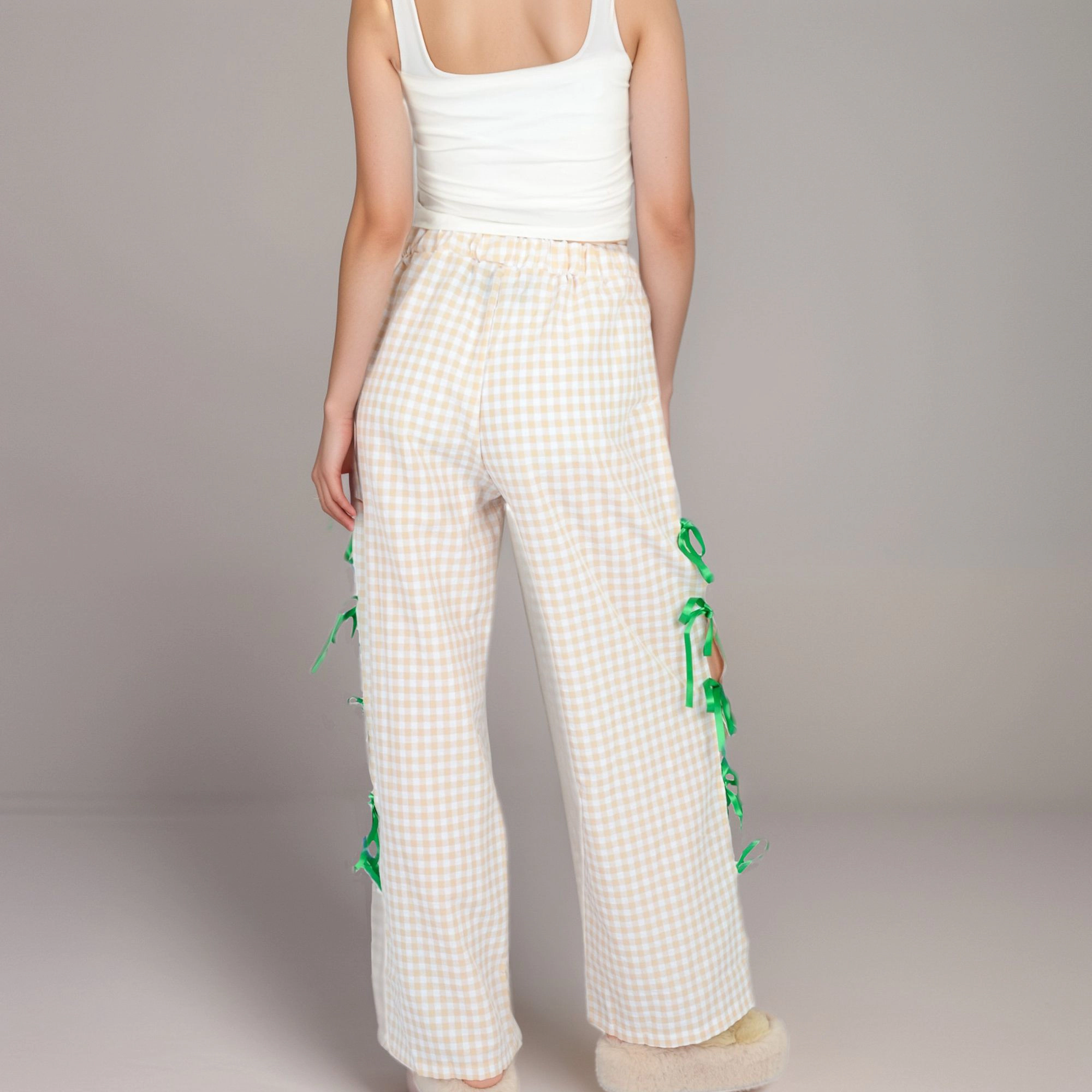 Anna-Kaci Women's Gingham Wide Leg Pants with Elastic Waistband Contrast Side Ribbon Tie Details Design