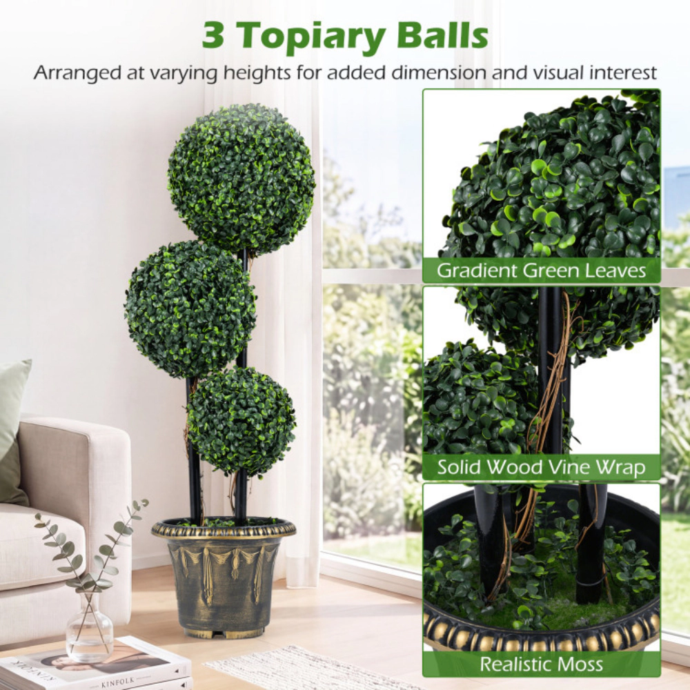Slickblue Set of 2 Artificial Boxwood Topiary Tree 35in Triple Ball Black Gold Planter Indoor Outdoor