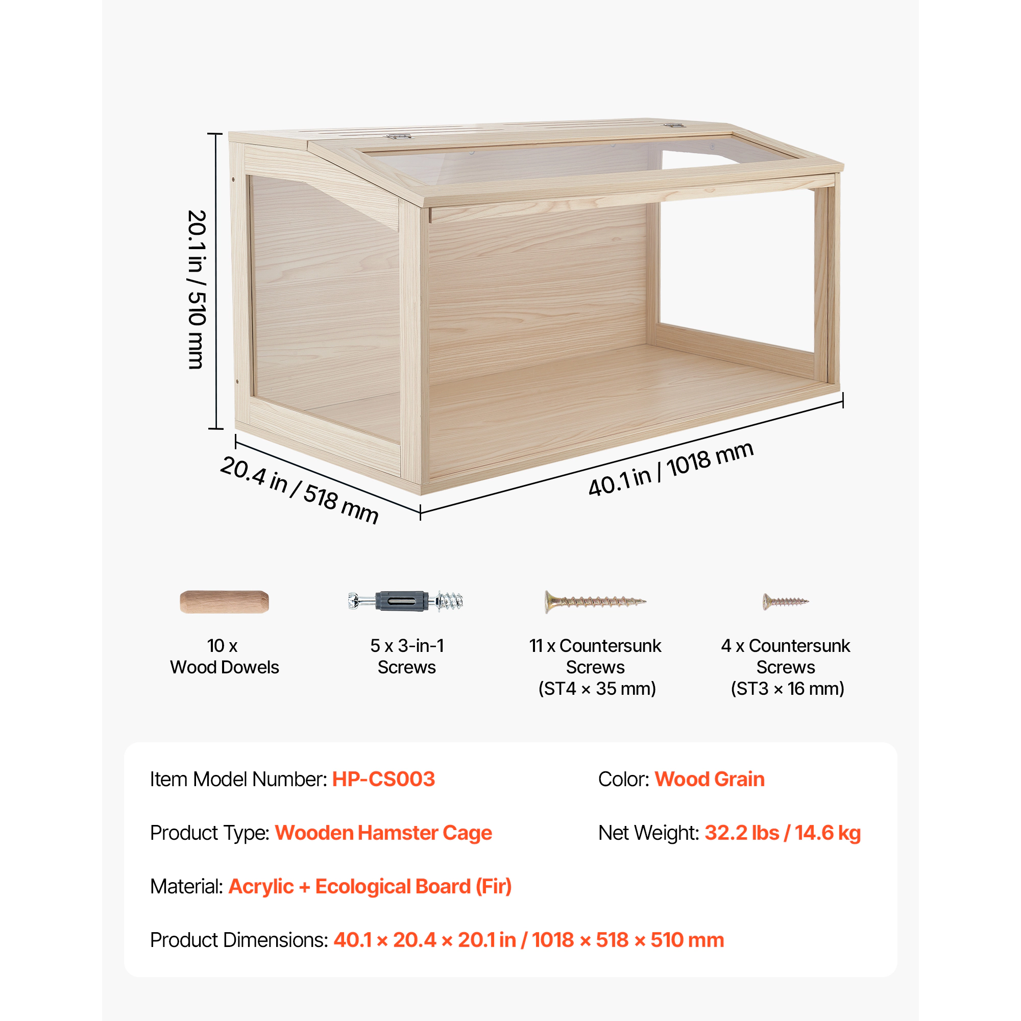HONGGE Wooden Hamster Cage 270° Viewing Hamster Habitat Chewproof Acrylic Small Animal Cage with Openable Top Large Pet
