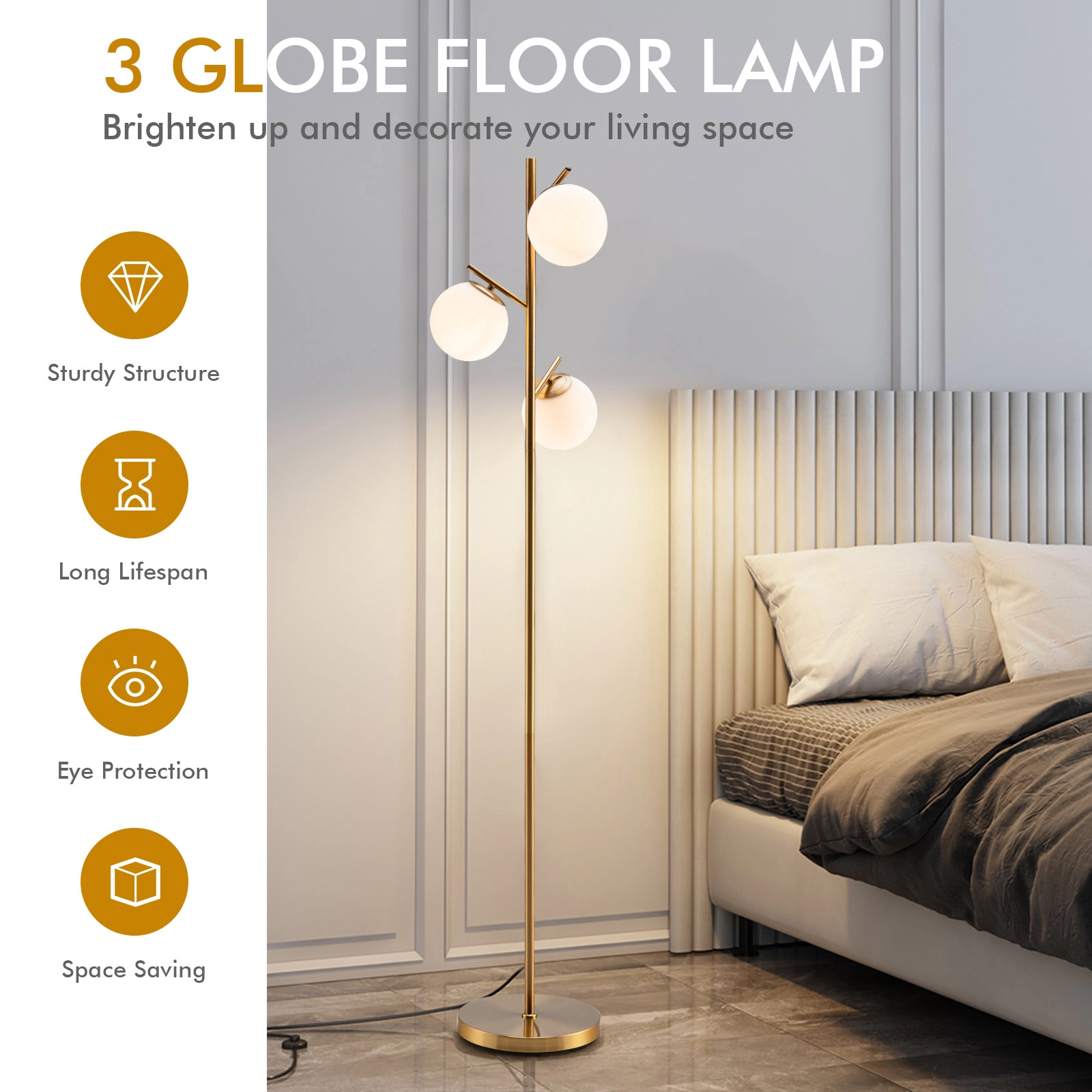 Slickblue Triple Glass Shade Floor Lamp 66in Gold Metal Frame Living Room Bedroom Lighting