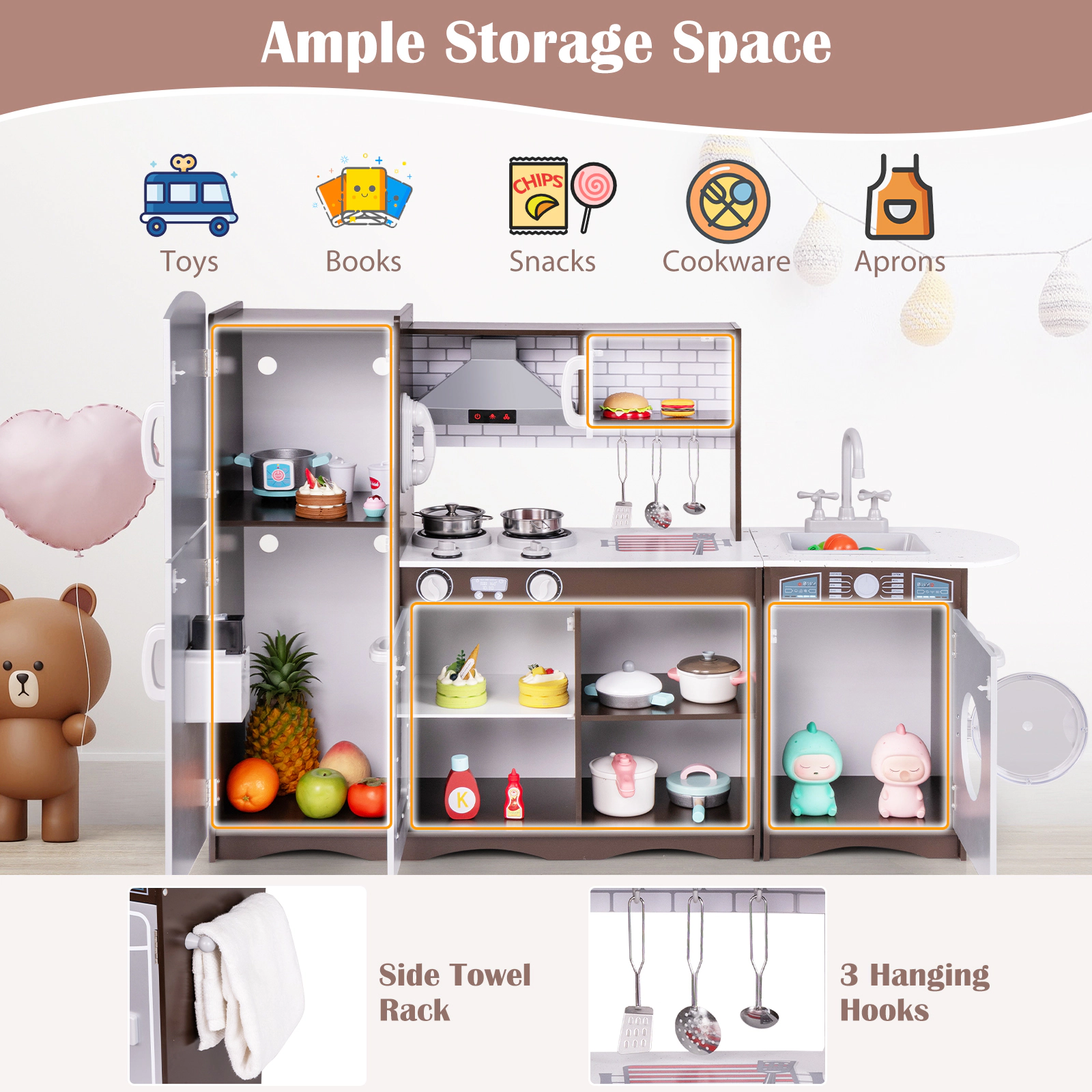 SUGIFT Dark Brown Interactive Lights Sounds and Ice Maker Corner Kids Toy Kitchen Set
