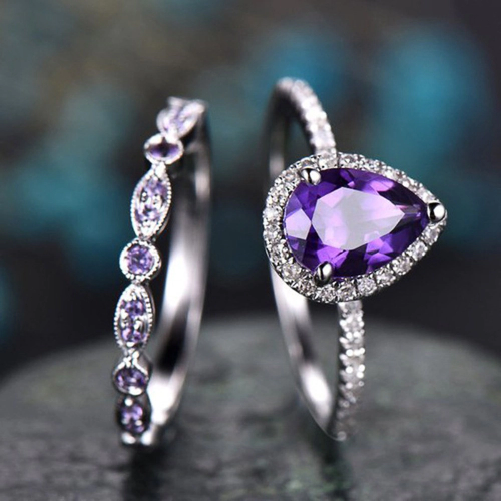 2-Piece Women's Ring Set with Pear-Cut Purple Cubic Zirconia