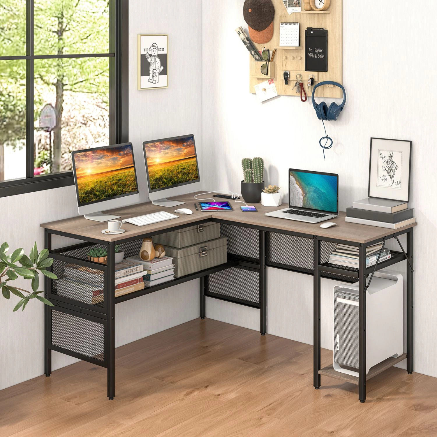 SlickBlue L-Shaped Computer Desk with Charging Station