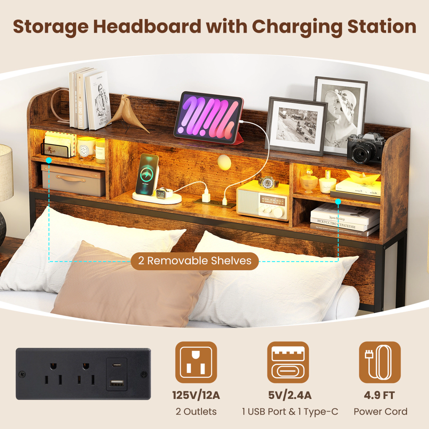 LJG Full Size Bed Frame with Headboard LED Lights and Charging Station