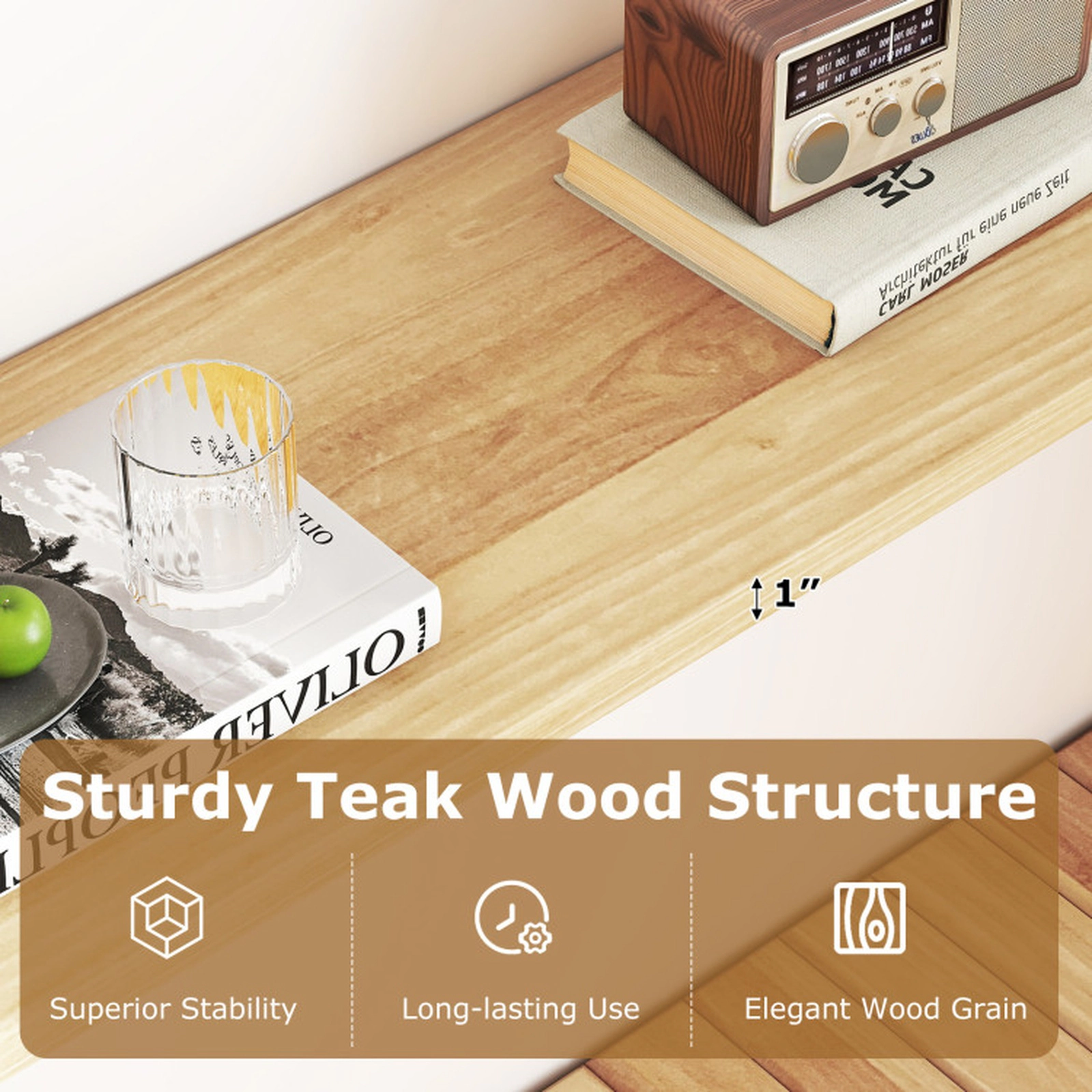 SUGIFT 71-in Long 12-in Narrow Natural Teak Wood 2-Tier Sofa Console Table with 67-in Bottom Shelf