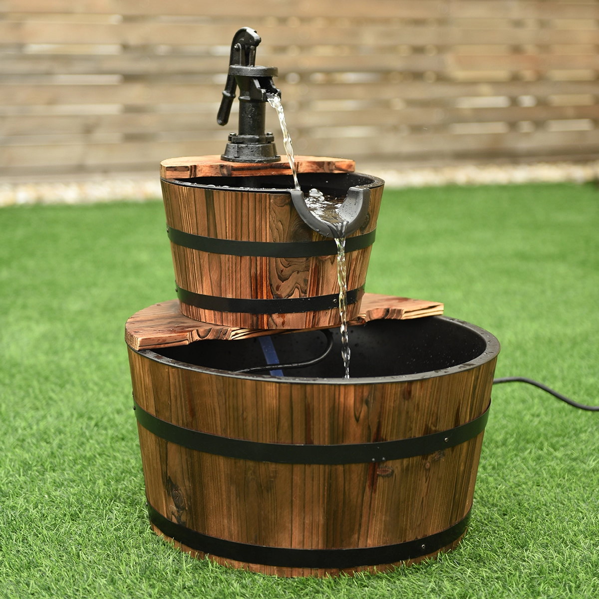 SUGIFT 2-Tiers Outdoor Wooden Barrel Waterfall Fountain with Pump 3-Gallon Capacity Brown