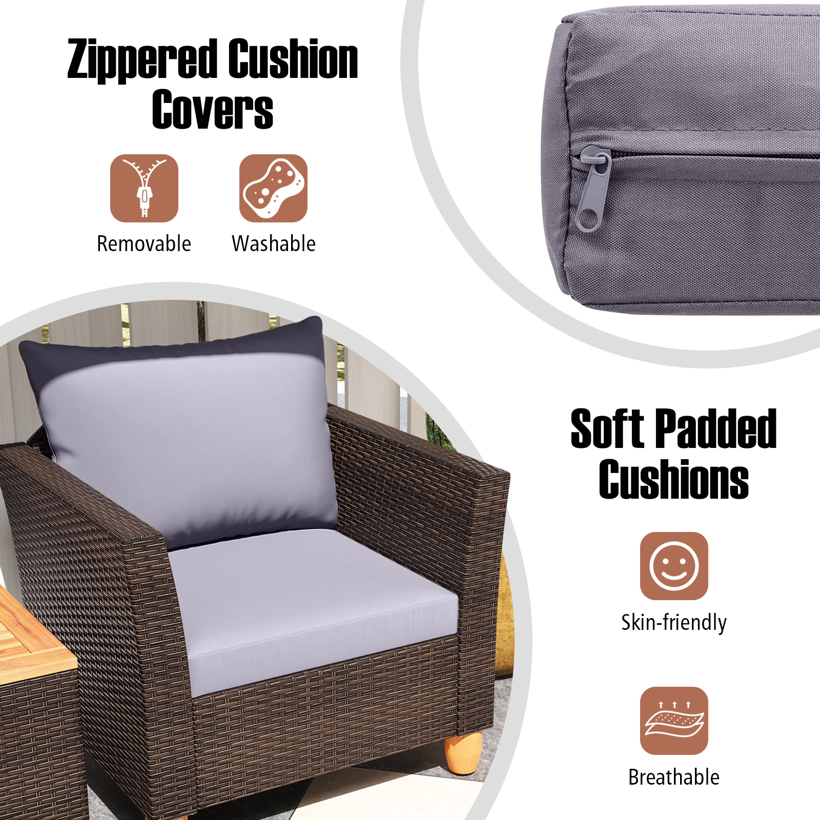 SUGIFT 3-Piece Gray Rattan Patio Bistro Set with Hidden-Storage Acacia Table and Deep Cushions