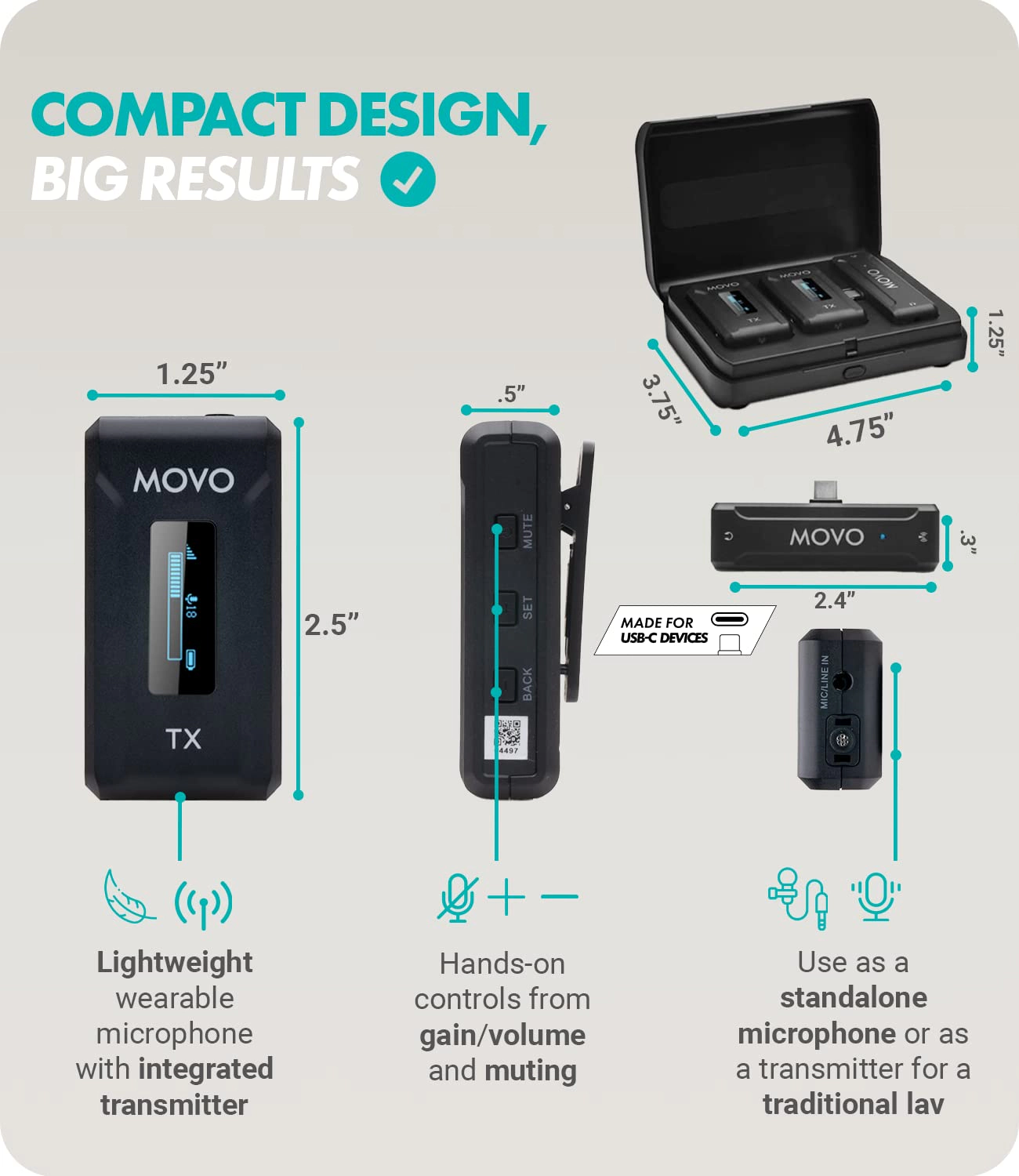 Movo WMX-2-C Duo Wireless Microphone System for USB-C – Dual Clip-On Lavalier Mics for iPhone 15, Android, iPad Pro