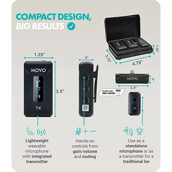 Movo WMX-2-C Duo Wireless Microphone System for USB-C – Dual Clip-On Lavalier Mics for iPhone 15, Android, iPad Pro