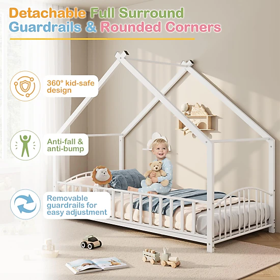 Kids Metal Montessori Floor Bed with House-Shaped Roof, Full-Length Guardrails and Low Profile
