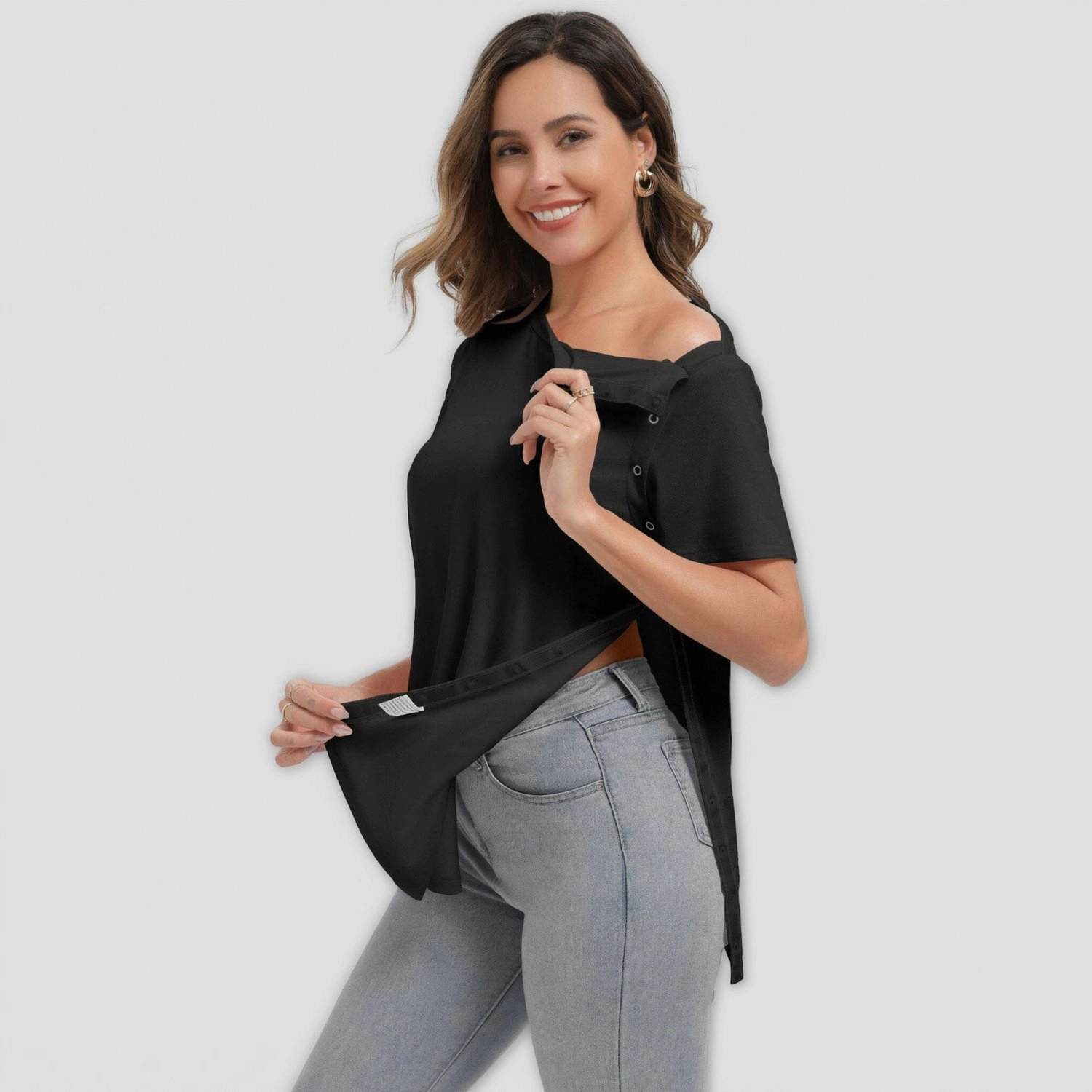 Pinspark Womens Short Sleeve Snap Side Nursing T-shirts Off Shoulder Adaptive Tops