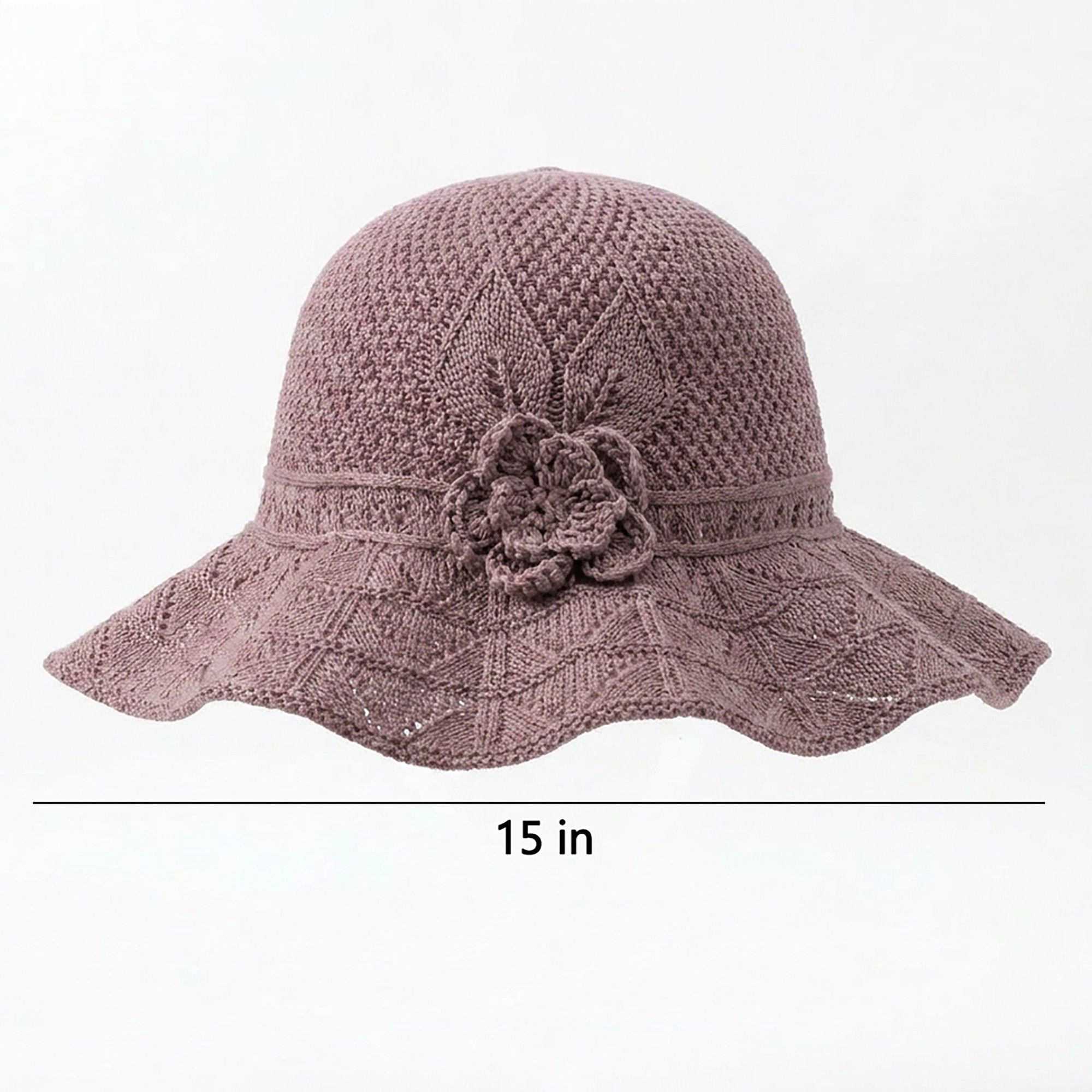 Anna-Kaci Women's Crochet Wide Brim Sun Hat with Floral Accent Scalloped Edge and Chin Strap - MauvePink