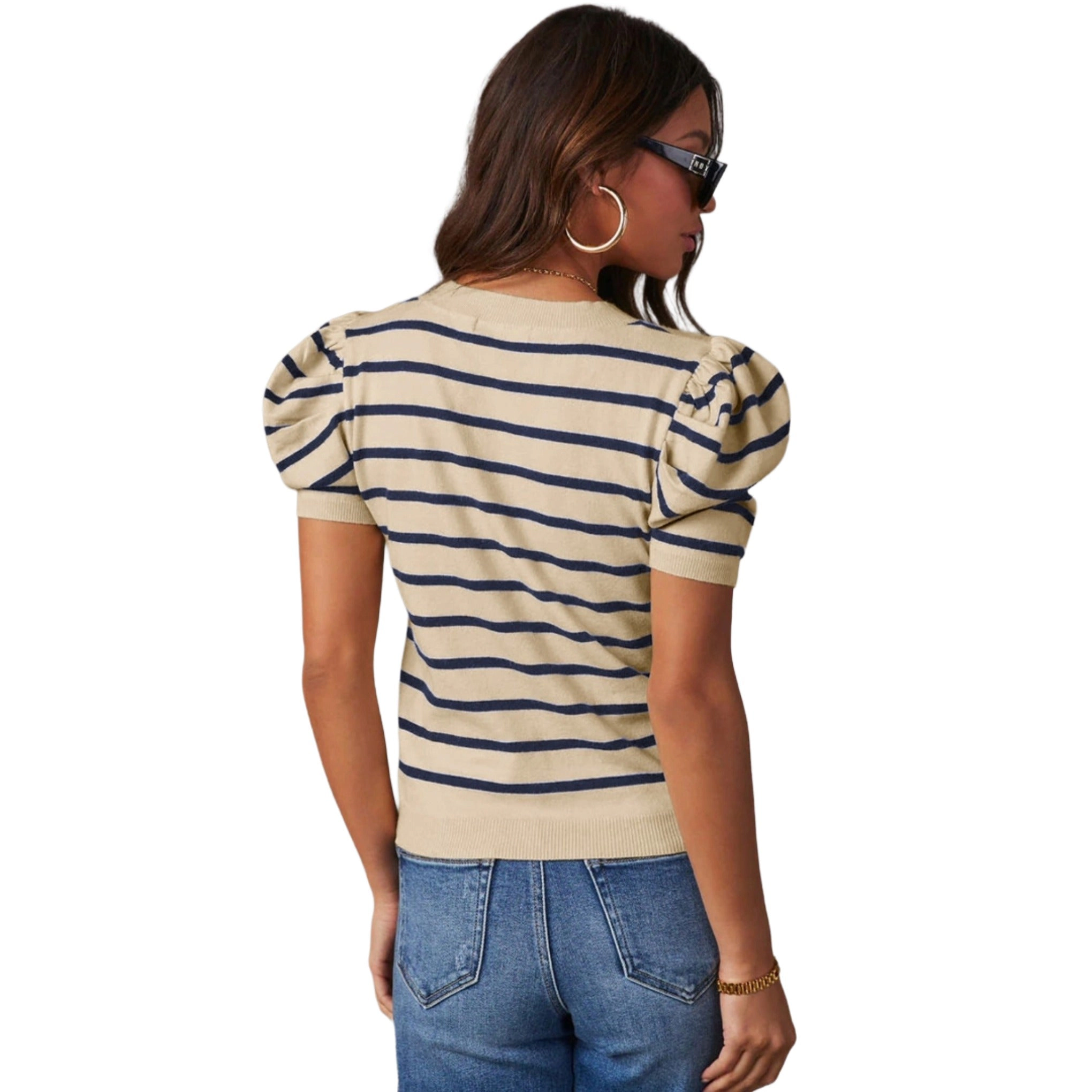 ZILPU Women's Striped Puff Sleeve Knit Top