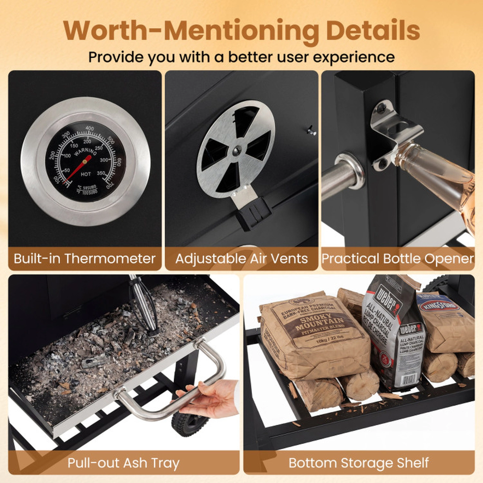 SUGIFT Portable Black Charcoal Barbecue Grill with Adjustable Charcoal Tray Thermometer and Wheels