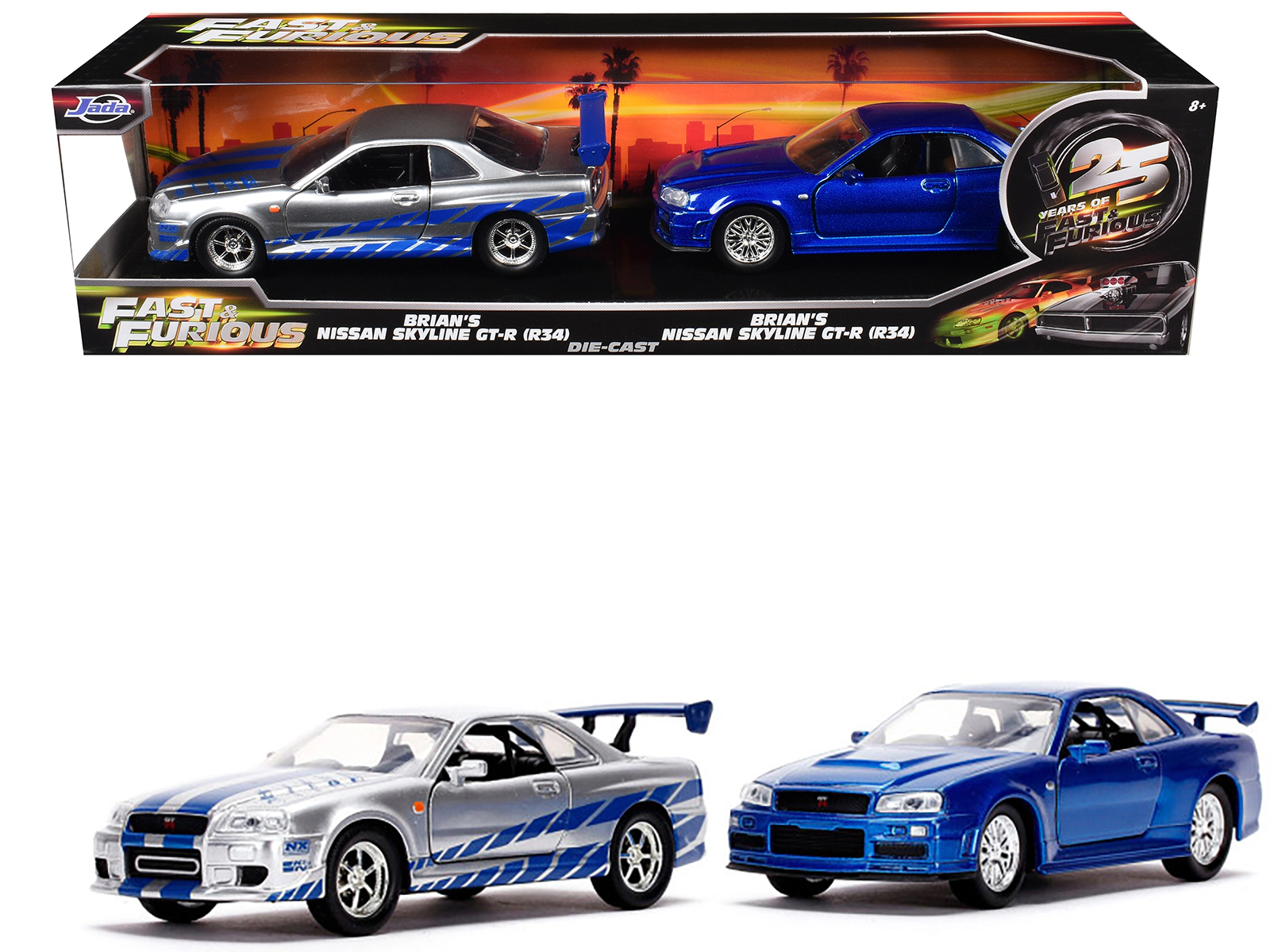 Jada Brian's Nissan Skyline GT-R (BNR34) Silver with Blue Stripes and Nissan GT-R (BNR34) Blue Metallic Set of
