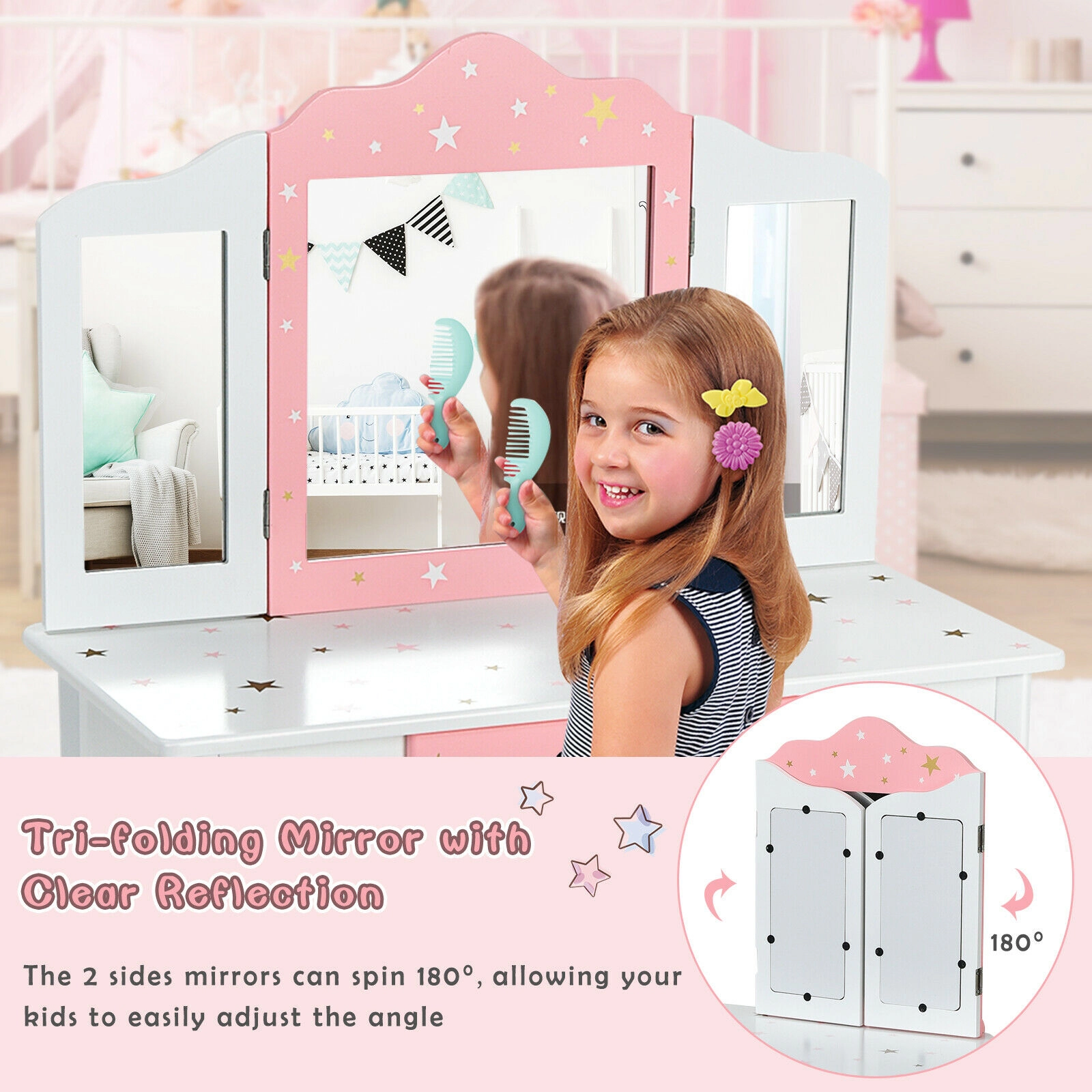 SUGIFT Kids Princess Vanity Table and Stool Set, 180-Degree Tri-Fold Mirror, Detachable Desk and Drawer