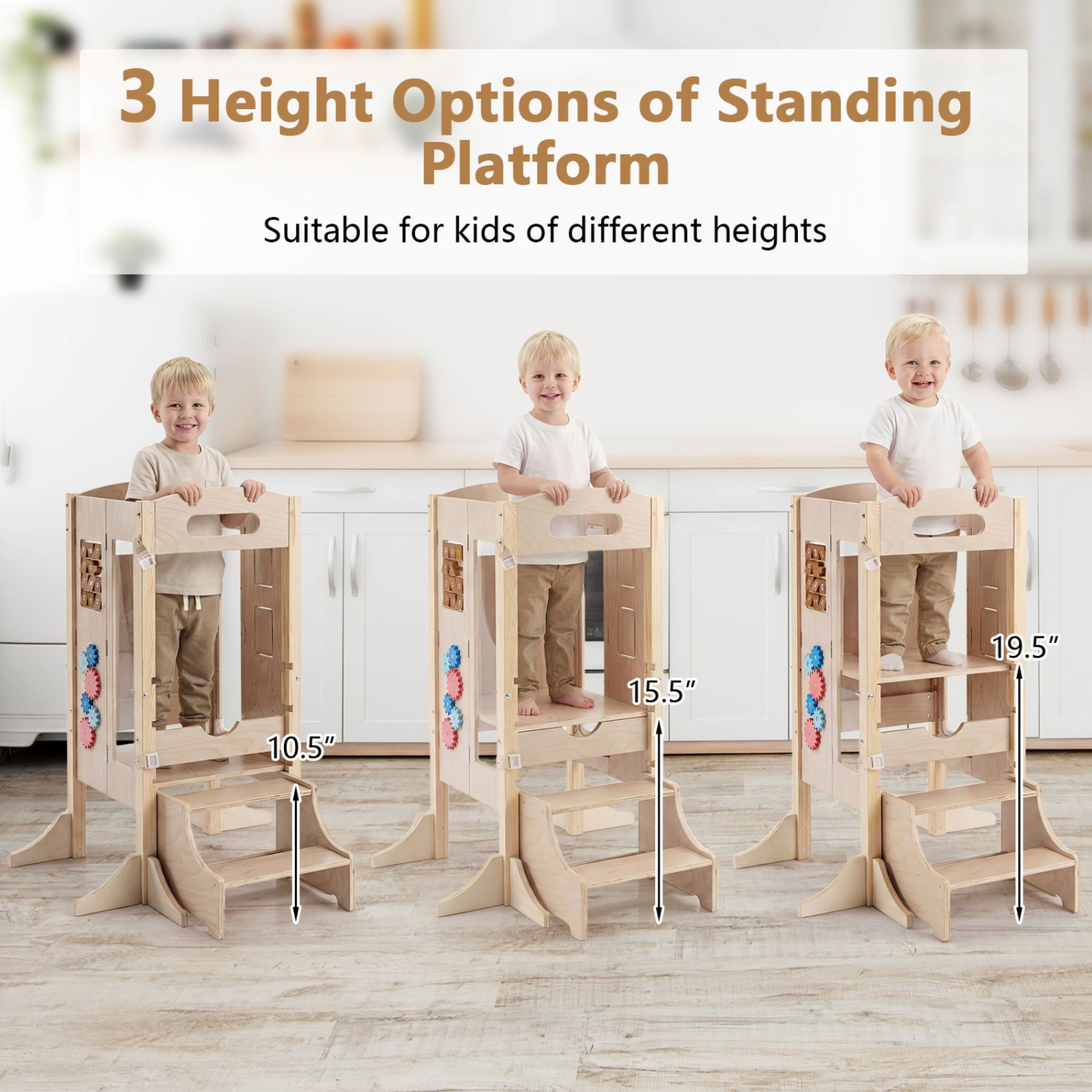SUGIFT 3-in-1 Foldable Wooden Toddler Standing Tower with 2-Step Stool 110-lb Capacity Ages 3+ Natural