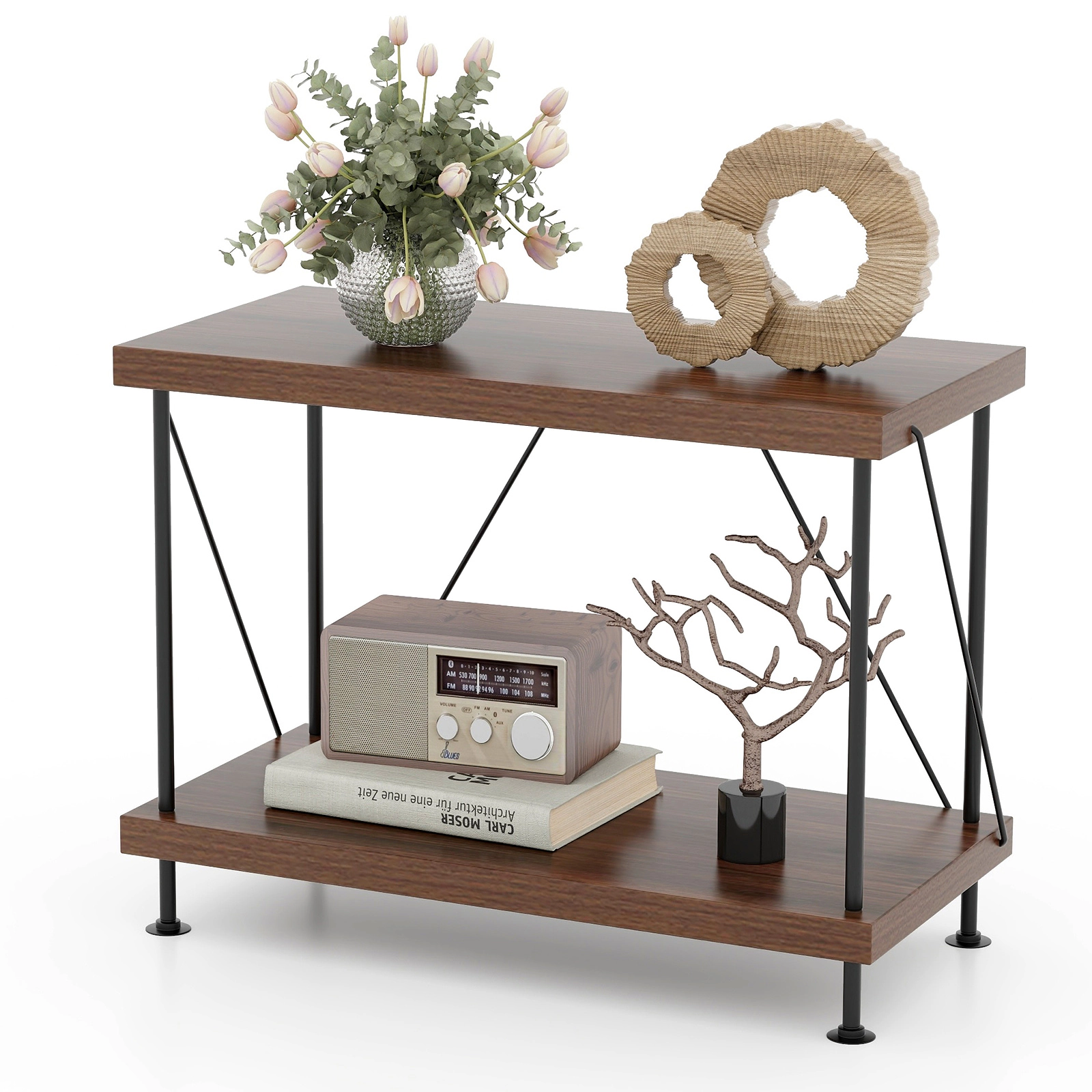 SUGIFT 2-Tier Walnut 18-in Small Bookshelf Storage Shelf with Metal Frame and Multipurpose Display Rack