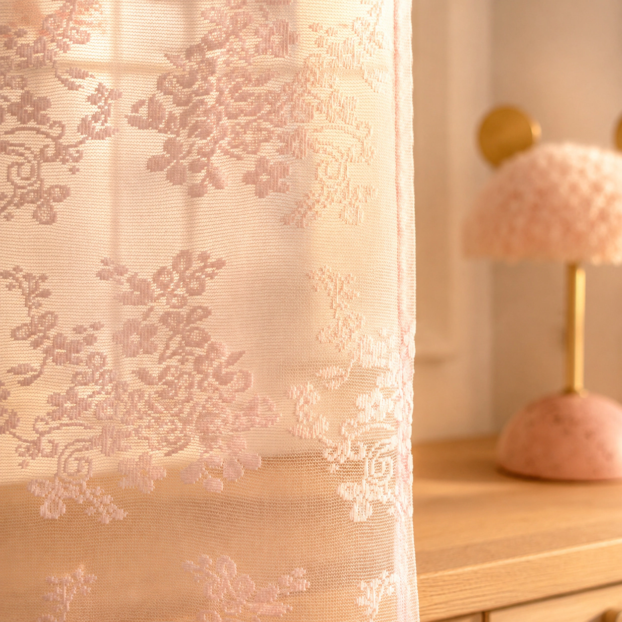 WZK Pink Lace Sheer with Attached Valance Feminine Floral Bathroom Shower Curtain