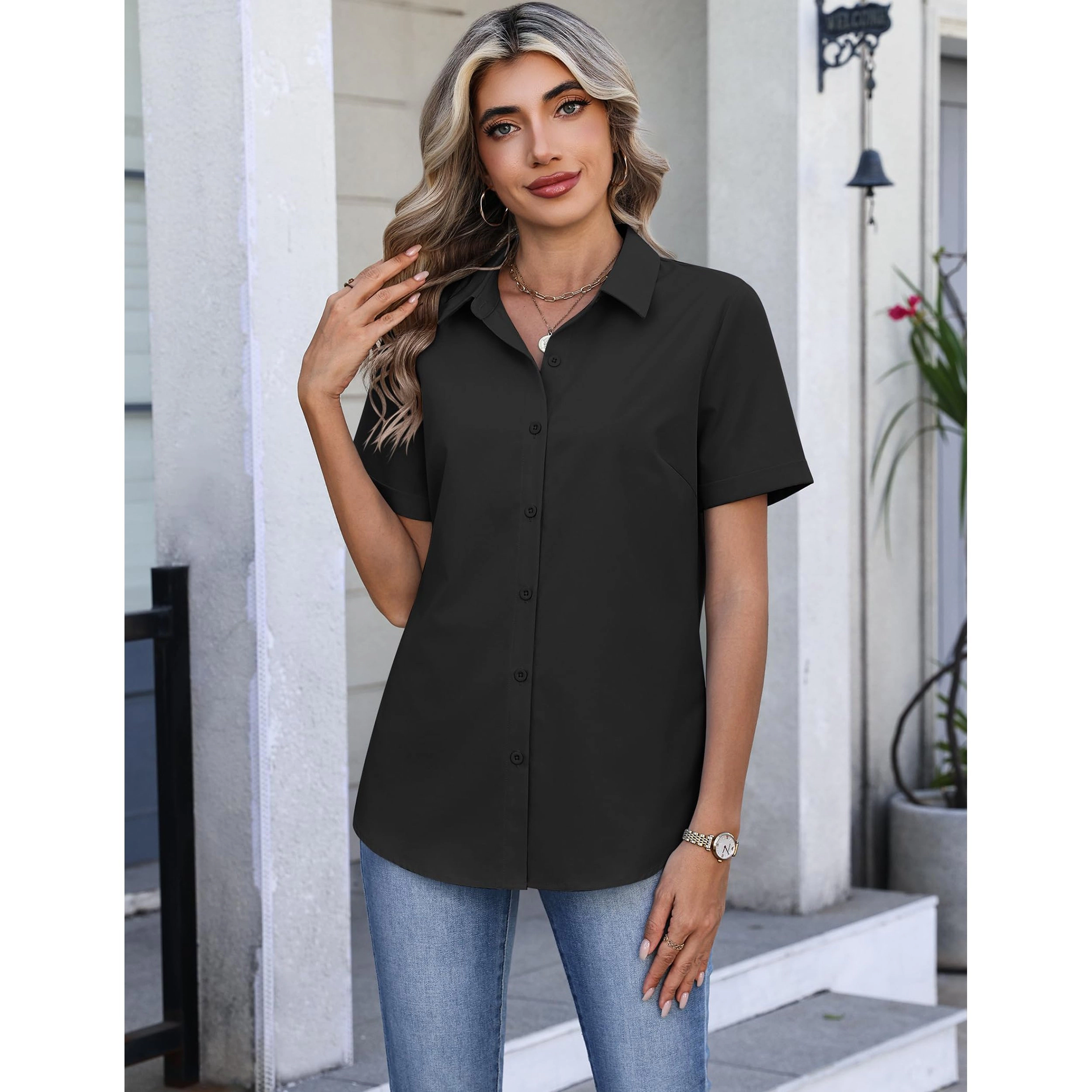 Zeagoo Womens Short Sleeve Fitted Button Down Shirts Office Business Casual Work Blouses
