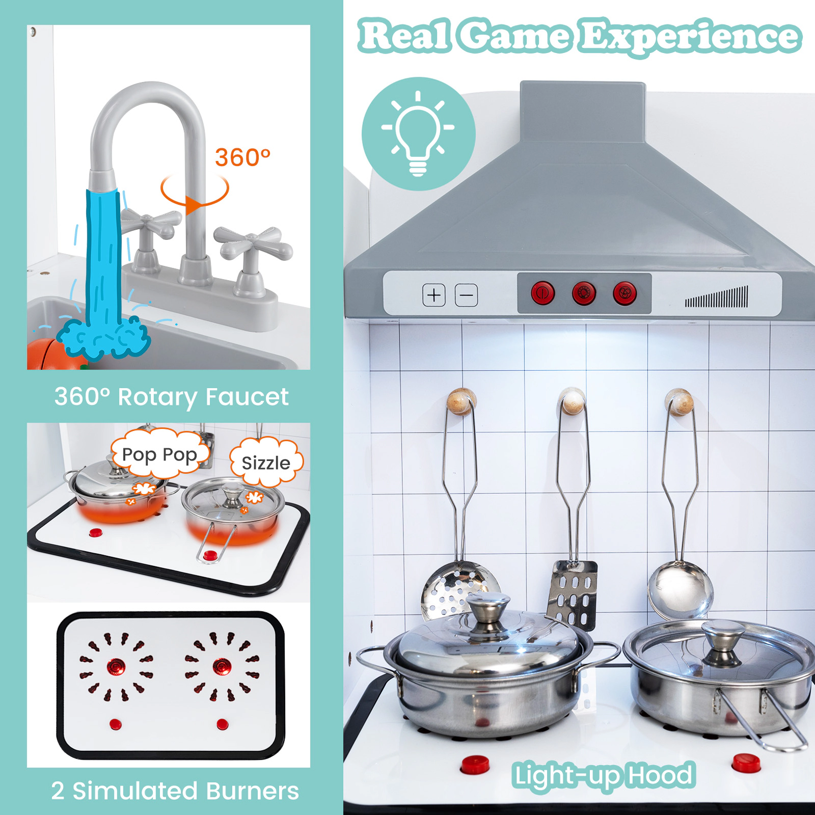 3-in-1 Kids Kitchen Playset Refrigerator Washing Machine 360-Degree Faucet Range Hood 47.5-in x 12-in x 35.5-in Gray