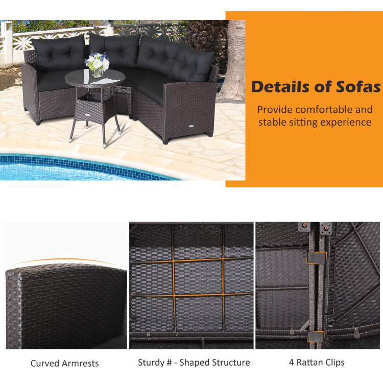 Hivvago 4 Pieces Patio Rattan Furniture Set Cushioned Sofa Glass Table