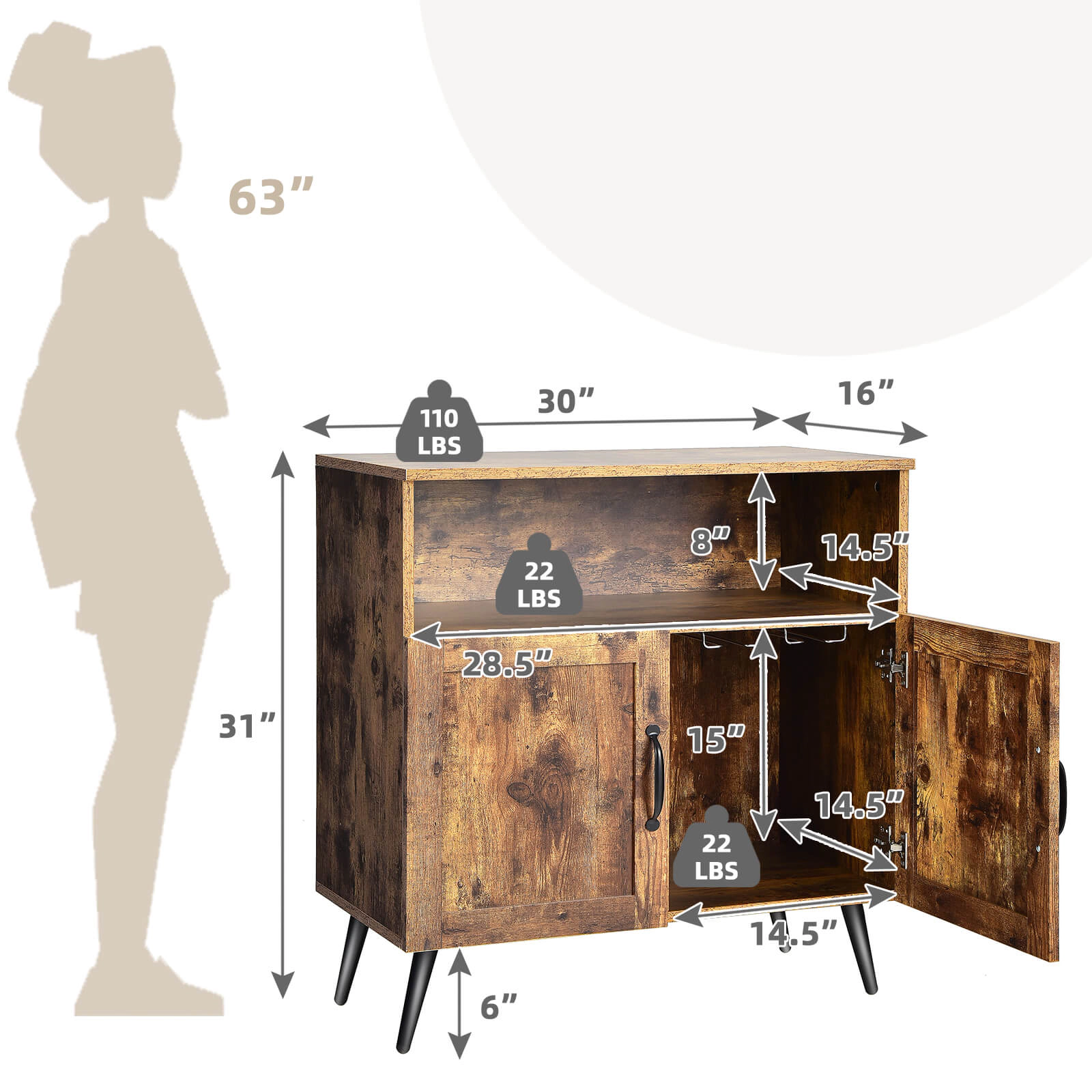 Slickblue Sideboard Storage Cabinet with Wine Glass Rack and Open Shelf Organizer