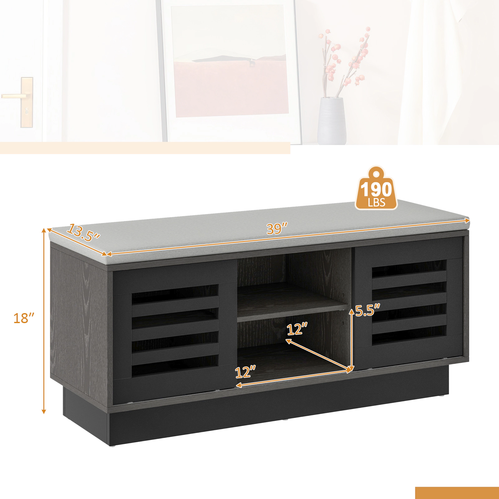 SUGIFT Gray 6 Storage Compartments 3 Adjustable Shelves and Sliding Doors 39 Inch Shoe Bench