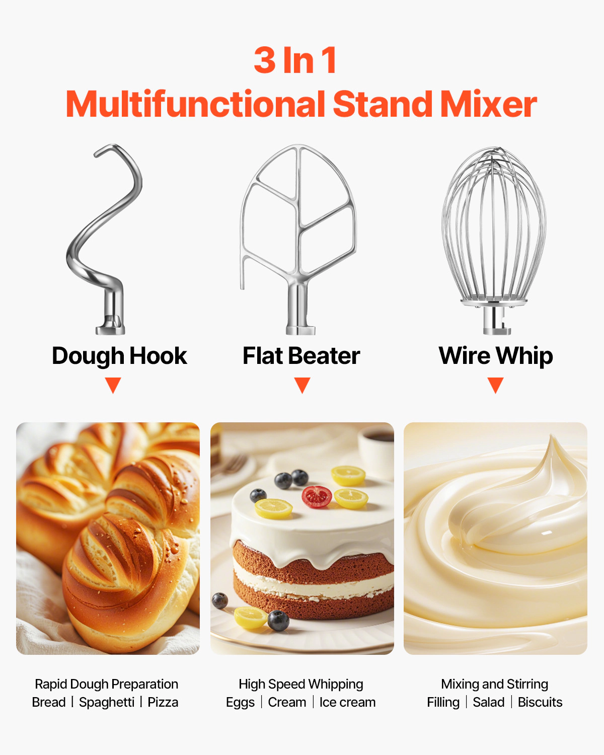 HONGGE Commercial Food Mixer 3 Speeds Adjustable 110/ 178/390 RPM Heavy Duty 110V with Stainless Steel Bowl Dough Hooks