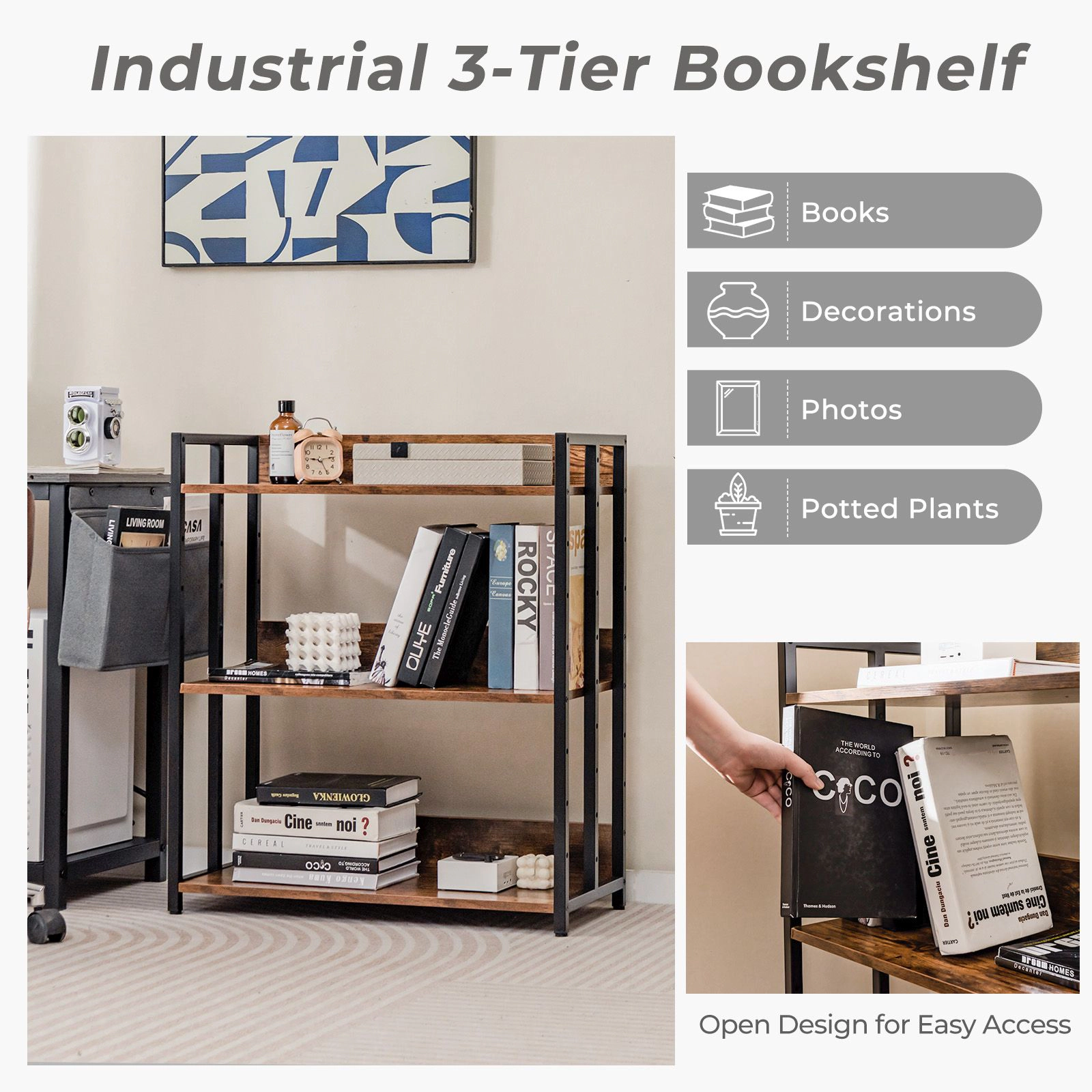 SlickBlue 3 Tier Industrial Bookshelf with Adjustable Shelves